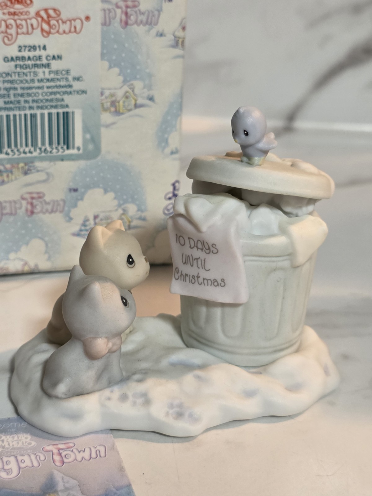 1997 Precious Moments Sugar Town Garbage Can Figure with Cats Enesco Figurine 1997 Precious Moments Sugar Town Garbage Can Figure with Cats Enesco Figurine