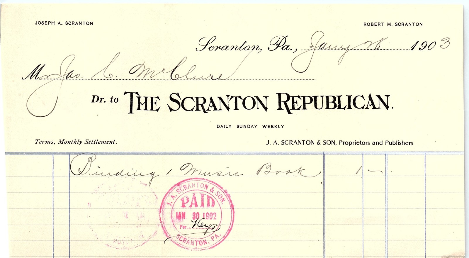 1903 Scranton Republican Newspaper Billhead, Music Book Bind 1903 Scranton Republican Newspaper Billhead, Music Book Bind