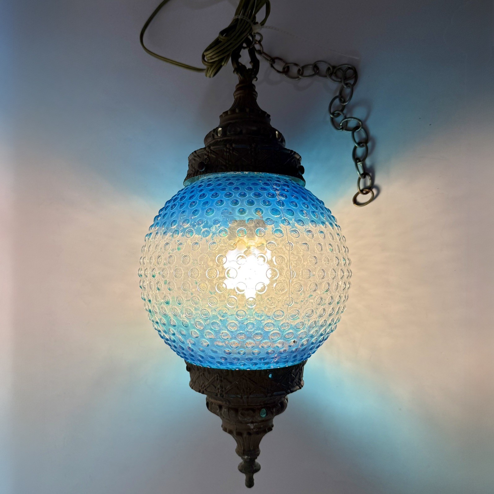 Vintage MCM Blue Hobnail Glass Globe Hanging Swag Lamp Light - WORKING Vintage MCM Blue Hobnail Glass Globe Hanging Swag Lamp Light - WORKING