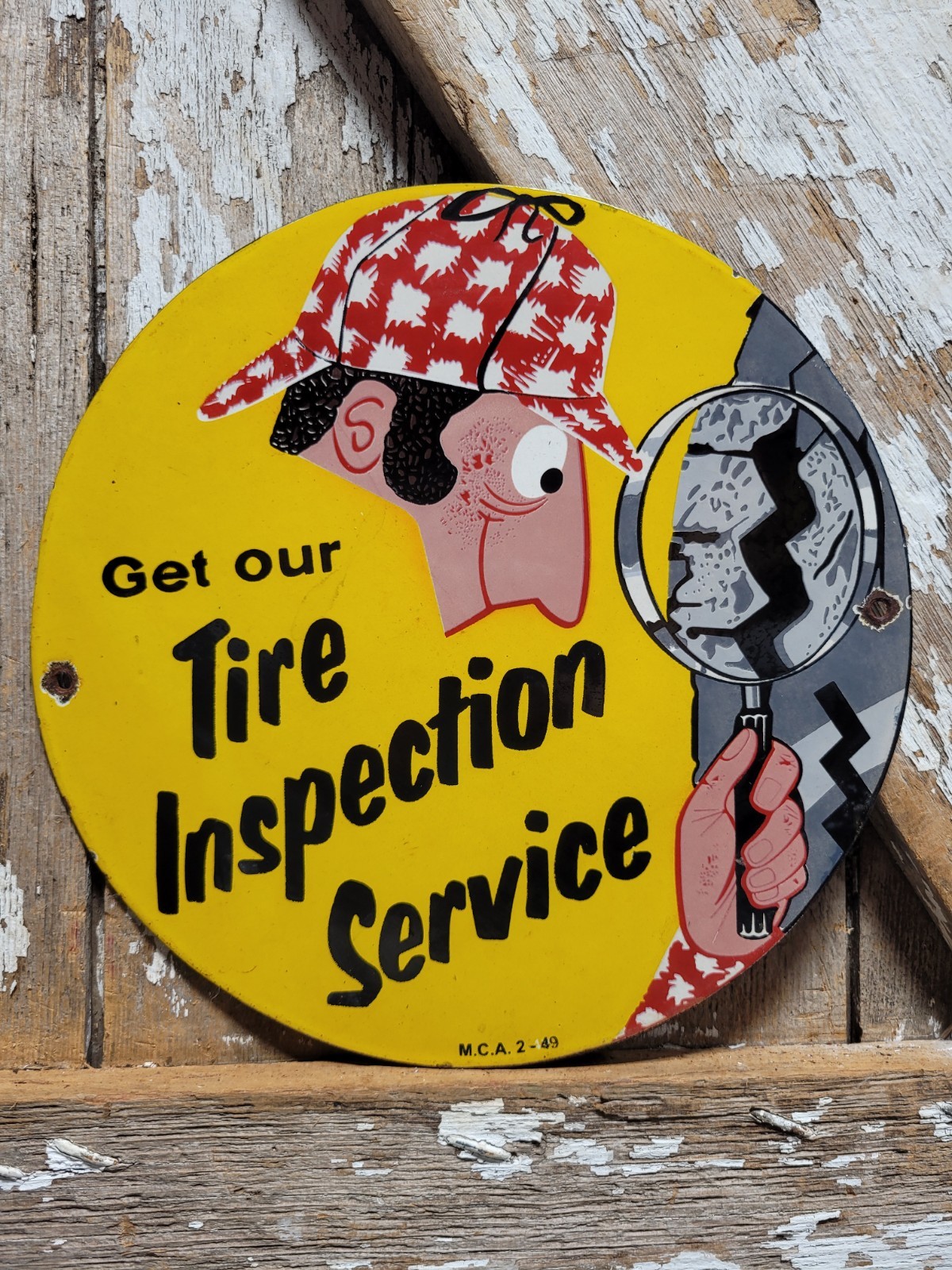 VINTAGE US ROYAL TIRE PORCELAIN SIGN OLD GARAGE AUTO CAR TRUCK SERVICE 1949 MCA