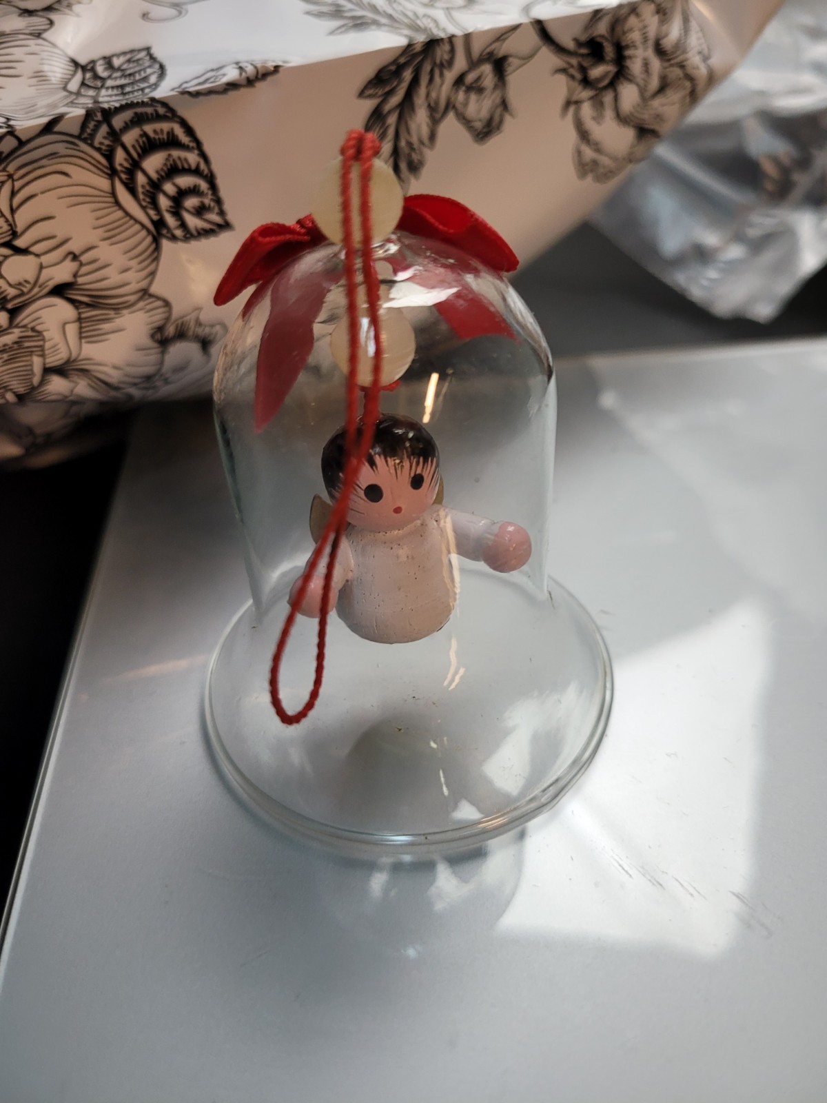 Vtg Clear Glass Dome CLOCHE Wood Angel Xmas BELL Hanging ORNAMENT TAIWAN