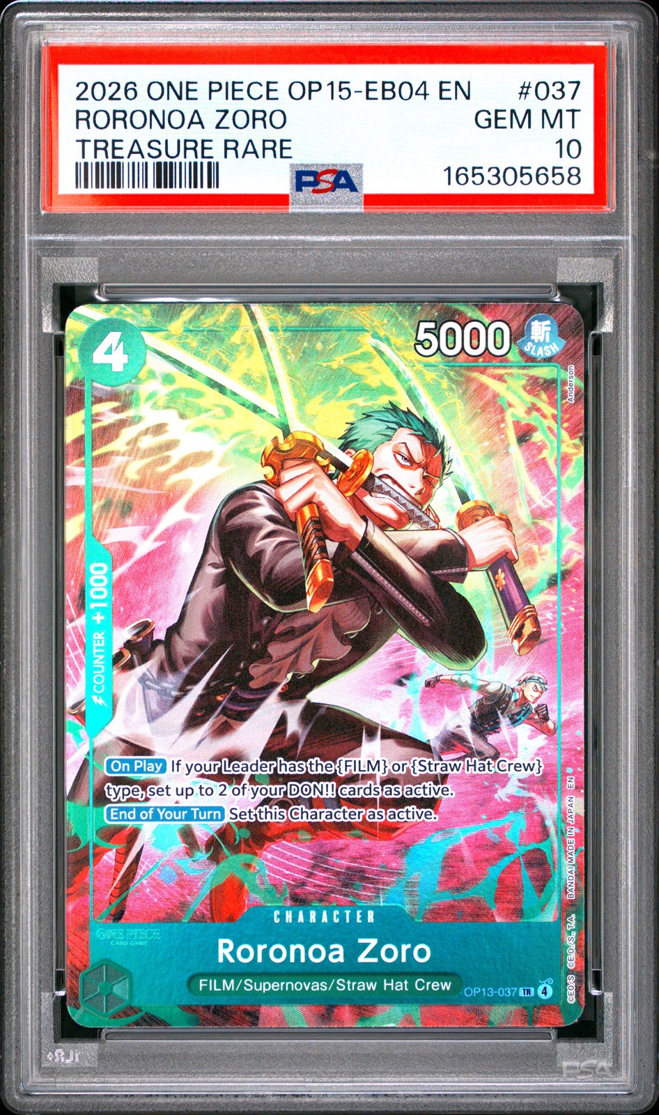 2026 ONE PIECE OP15-EB04-ADVENTURE ON KAMI'S ISLAND #037 RORONOA ZORO PSA 10