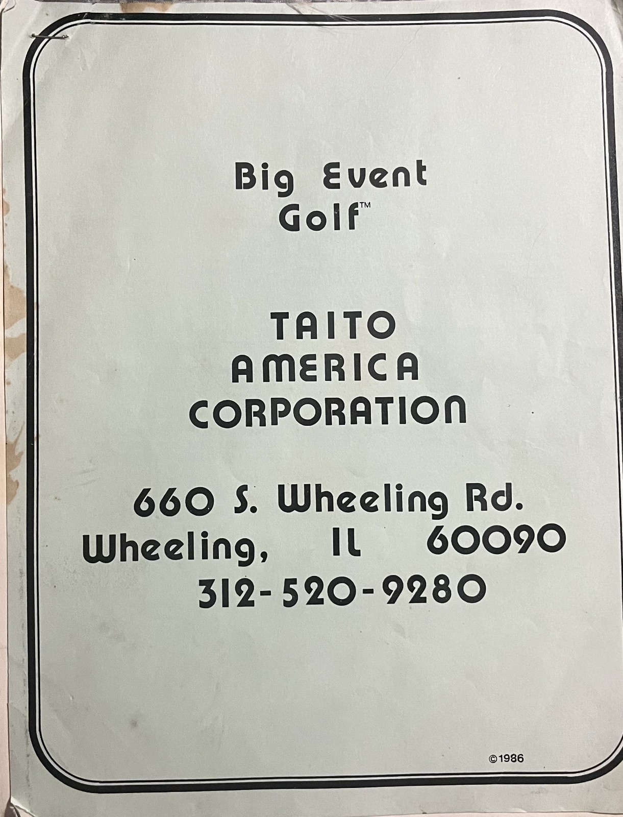 Original 1986 Taito 'Big Event Golf' Operator's Instruction Manual Original 1986 Taito 'Big Event Golf' Operator's Instruction Manual