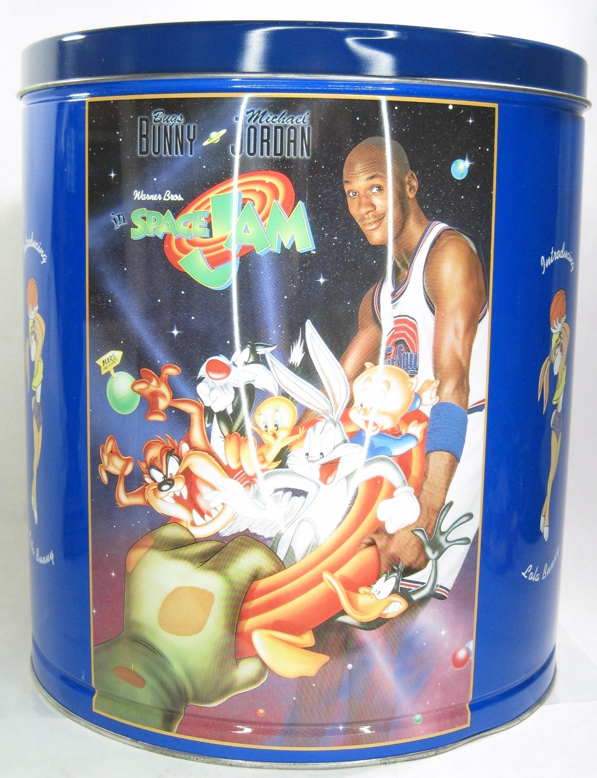 Vintage Warner Bros Space Jam Large Popcorn Tin Michael Jordan Lola Bunny