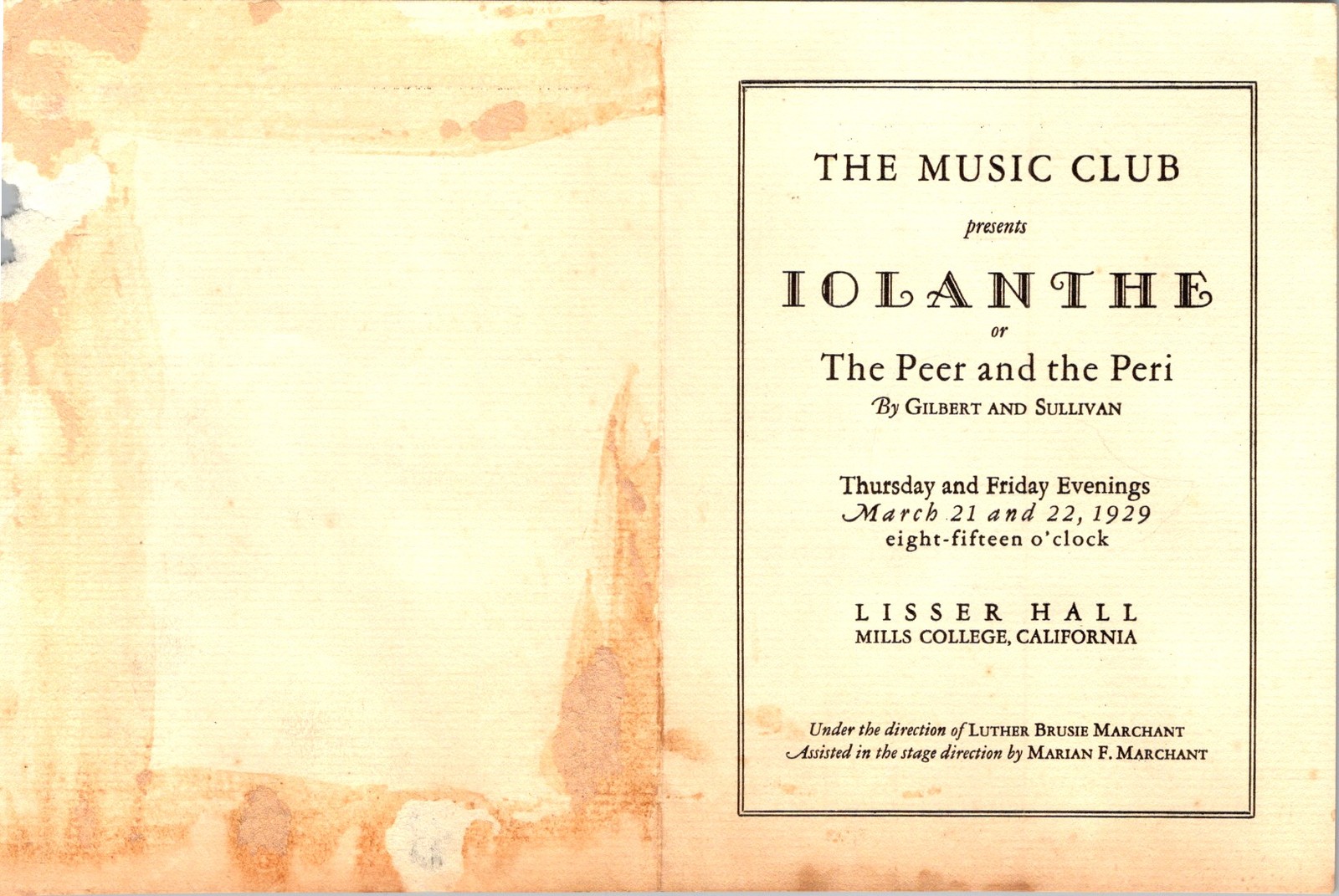 1929 Mills College Iolanthe Program Lisser Hall Music Club Gilbert & Sullivan 1929 Mills College Iolanthe Program Lisser Hall Music Club Gilbert & Sullivan
