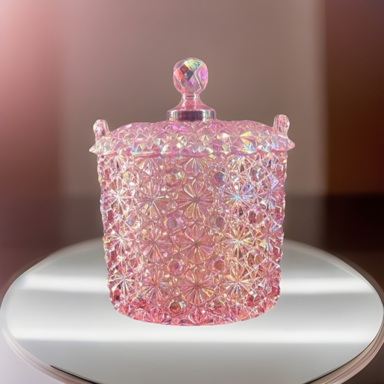 Fenton pink Iridescent Carnival Glass Daisy Button Pattern Candy Jar Ice Bucket Fenton pink Iridescent Carnival Glass Daisy Button Pattern Candy Jar Ice Bucket