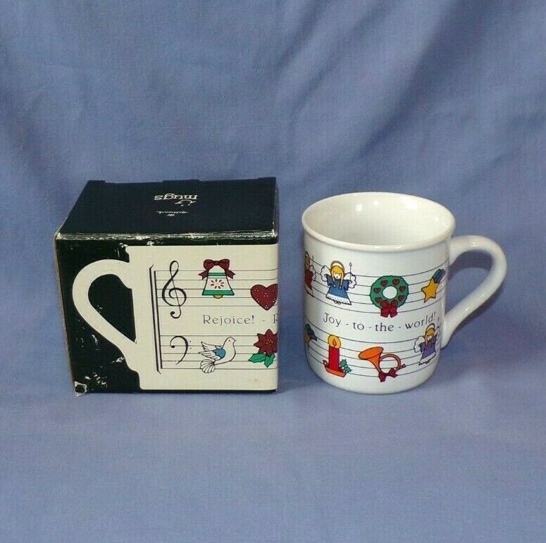 VTG 1984 Hallmark Mugs Coffee Cup Christmas Joy To The World Music Notes Angels