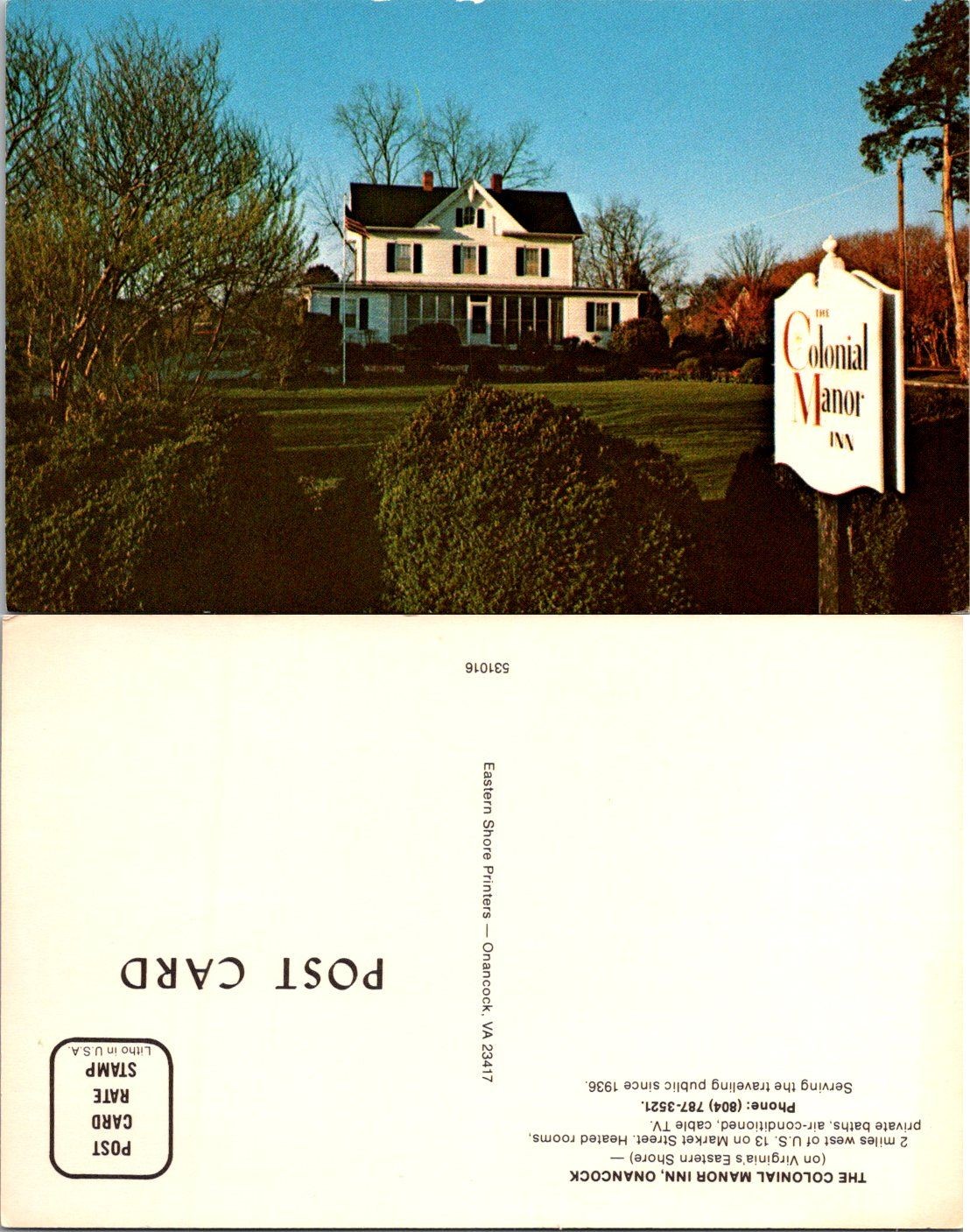 Eastern Shore Printers Colonial Manor Inn Postcard Onancock VA Vintage Unposted