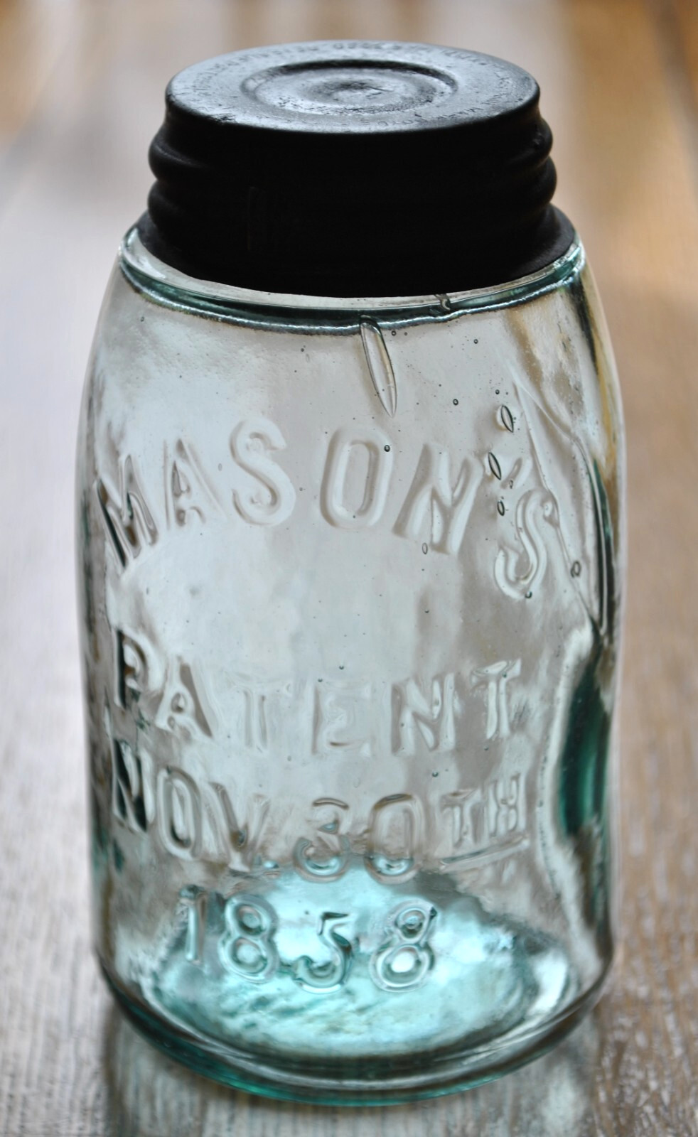 Vtg MASON'S PATENT NOV. 1858 MIDGET PINT FRUIT MASON JAR w/ LUGGED LID *CRUDE