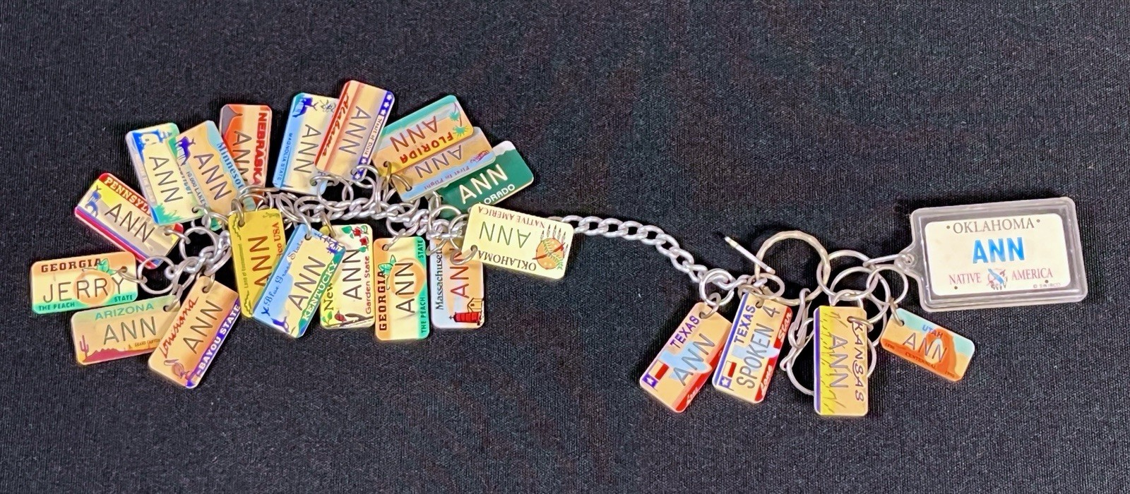 Vintage Mini State License Plate Keychain Key Ring Charms ANN & JERRY Lot of 23