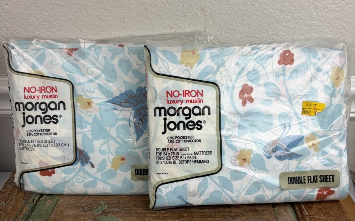 Vtg Morgan Jones Full Double Flat & Fitted Sheet Set Blue Floral Butterflies Vtg Morgan Jones Full Double Flat & Fitted Sheet Set Blue Floral Butterflies