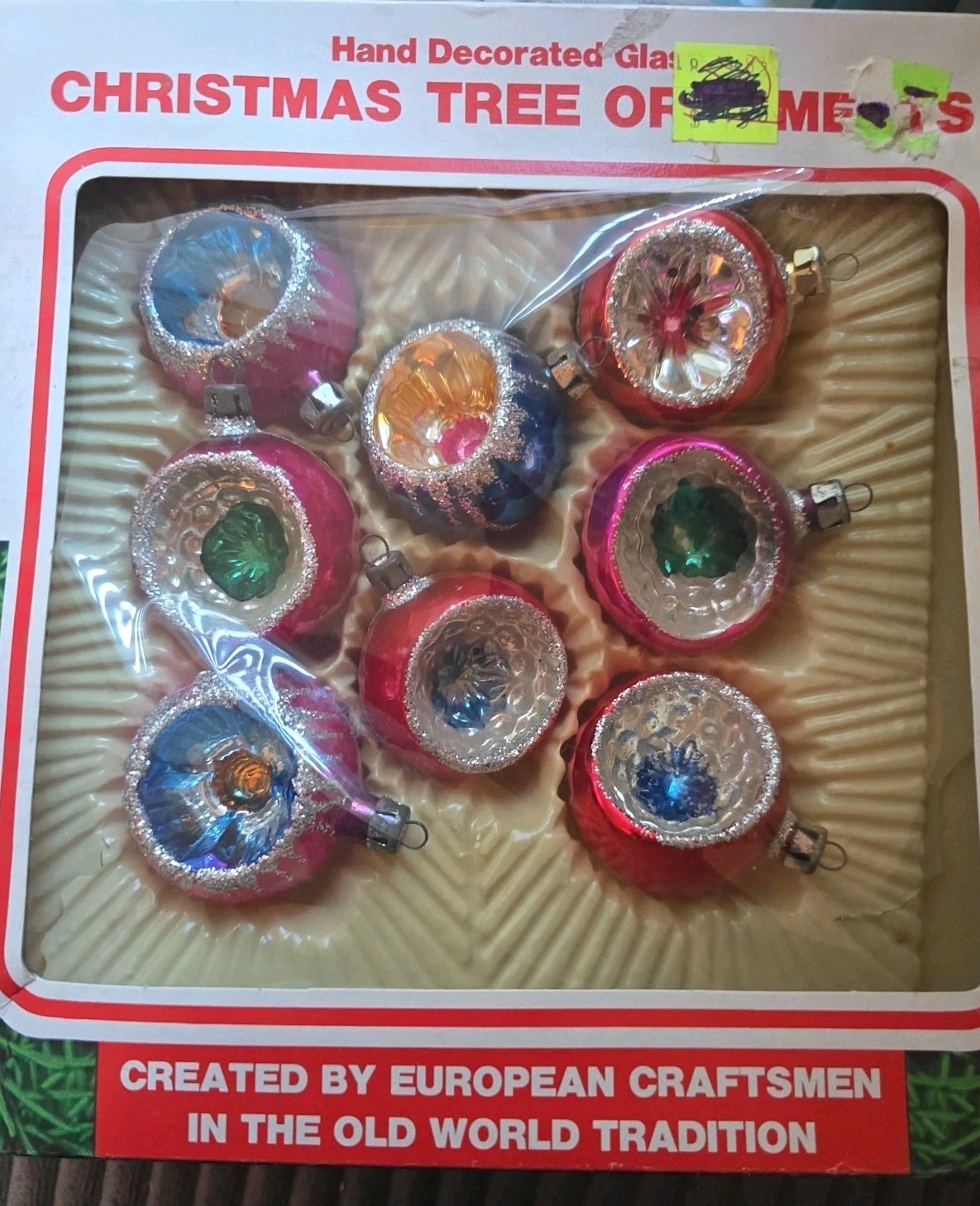 8 Vtg Romania Commodore Christmas Glass Ornaments  Indent Glitter Hand Blown