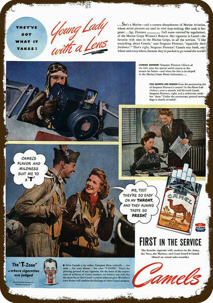 1944 CAMEL CIGARETTES Vintage Look DECORATIVE METAL SIGN - WOMAN CAMERA GUNNER 1944 CAMEL CIGARETTES Vintage Look DECORATIVE METAL SIGN - WOMAN CAMERA GUNNER