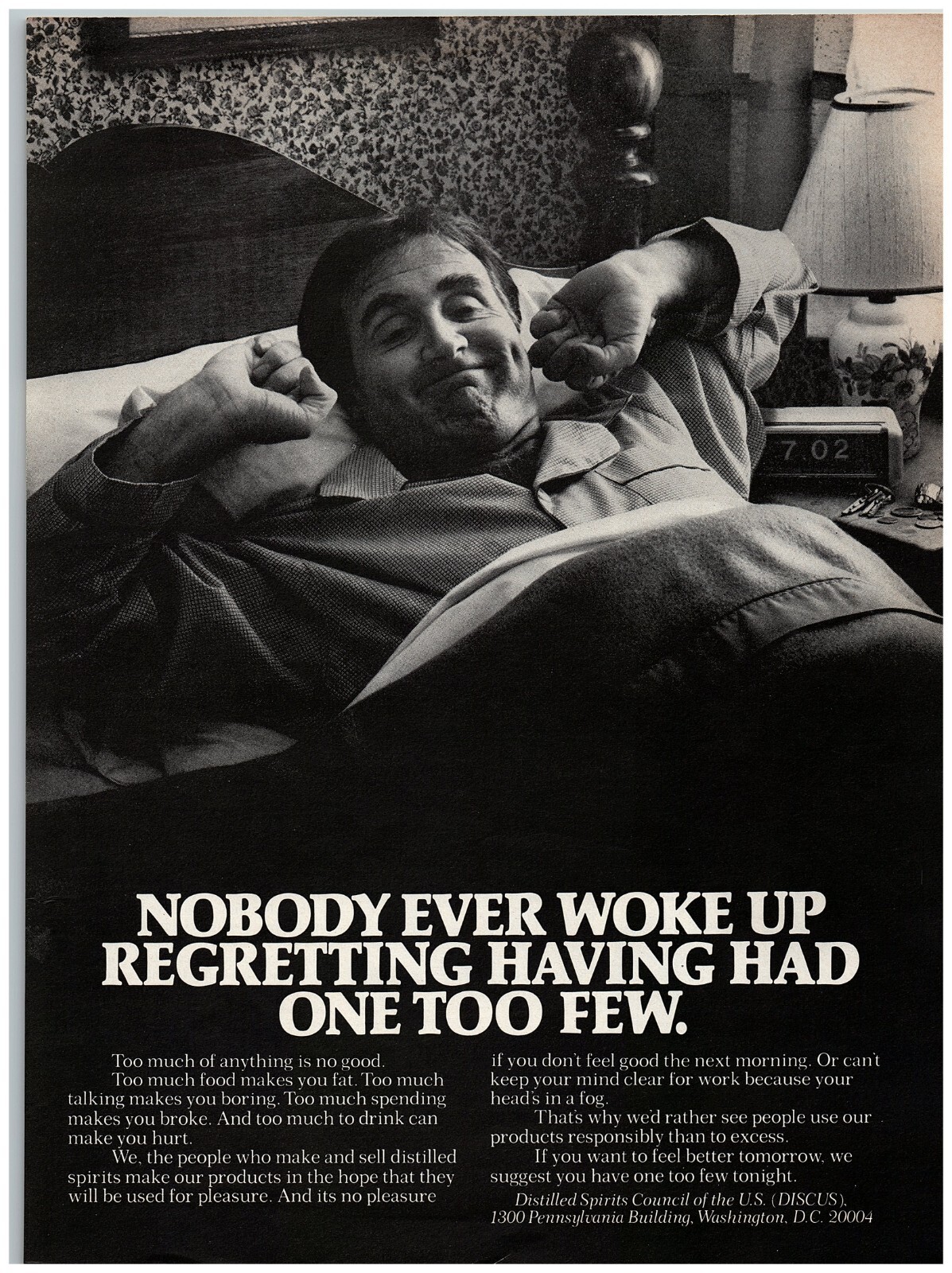 1978 U.S. Distilled Spirits Council Print Ad, Man Waking Up In Bed No Hangover