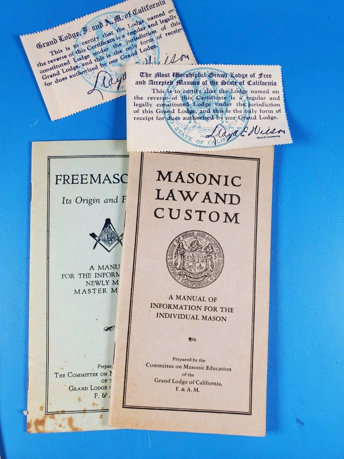 Vintage 1930s–1950s Masonic Grand Lodge of California Documents & Manuals 