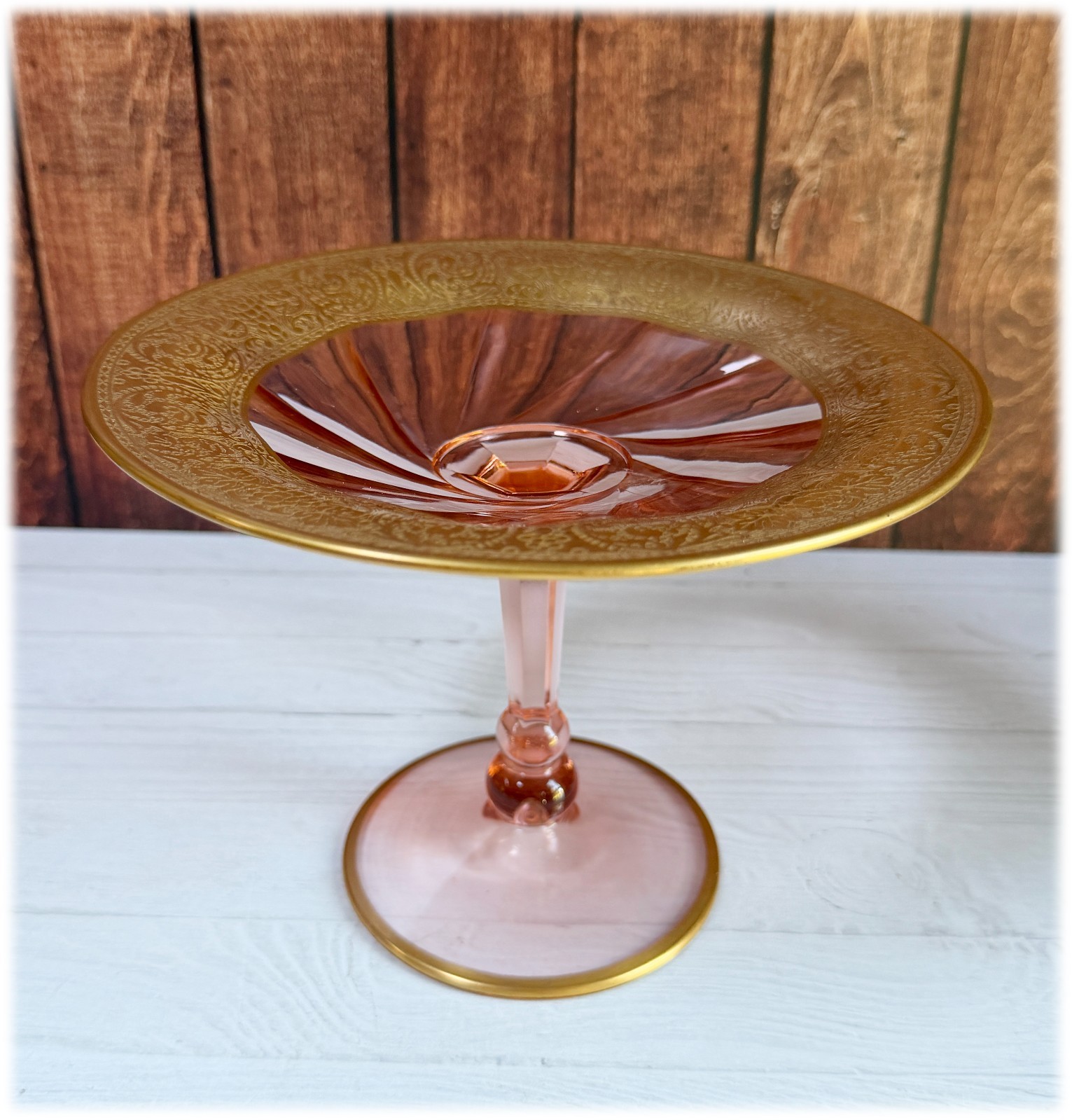 Heisey Twist #1252 5” Pink Footed Round Compote FLAMINGO Gold Encrusted Trim