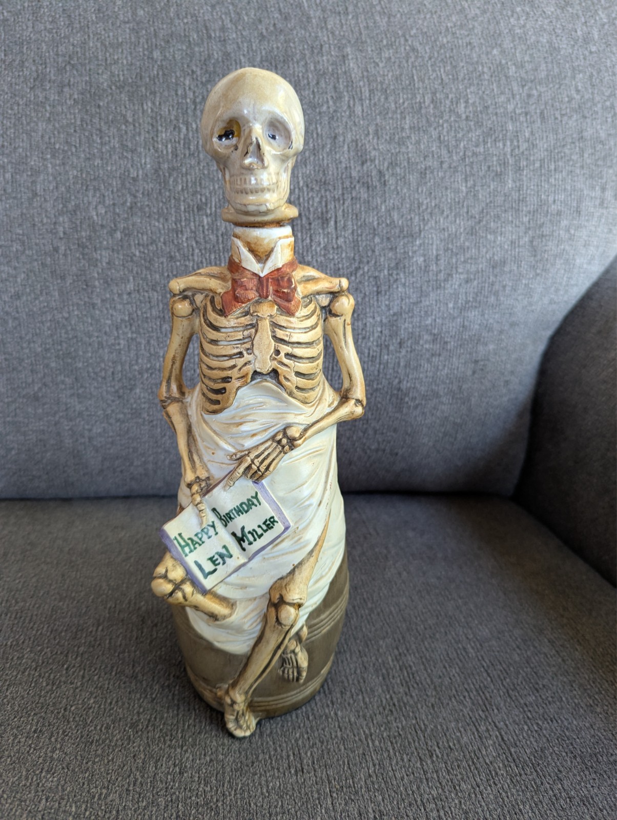 Vintage Skeleton Waiter on Barrel Antique Liquor Skull Stopper Decanter Vintage Skeleton Waiter on Barrel Antique Liquor Skull Stopper Decanter