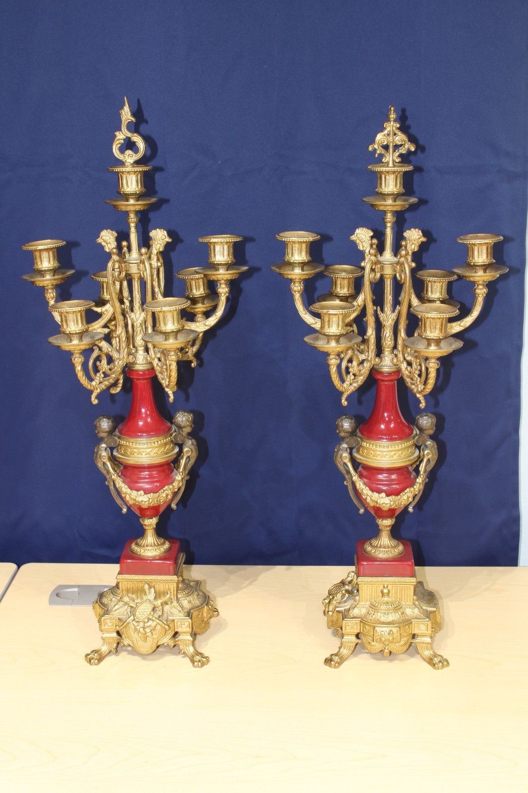 Pair Vintage Italian Brevettato 5-Light Candelabra Gilt Brass Red Porcelain Pair Vintage Italian Brevettato 5-Light Candelabra Gilt Brass Red Porcelain