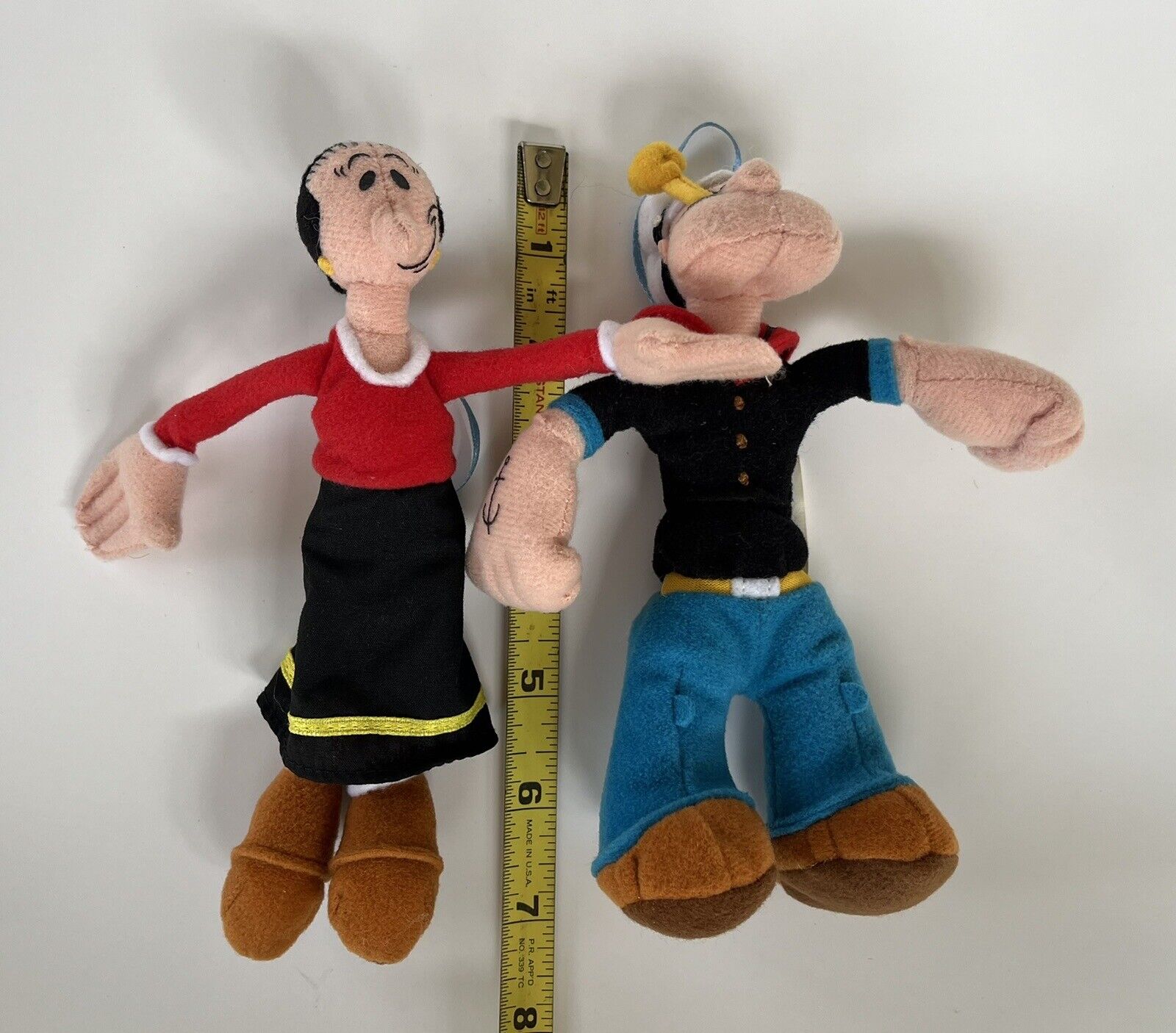VINTAGE POPEYE AND OLIVE OYL  7 1/2 PLUSH DOLLS WITH RIBBON ATTACHED 2002.
