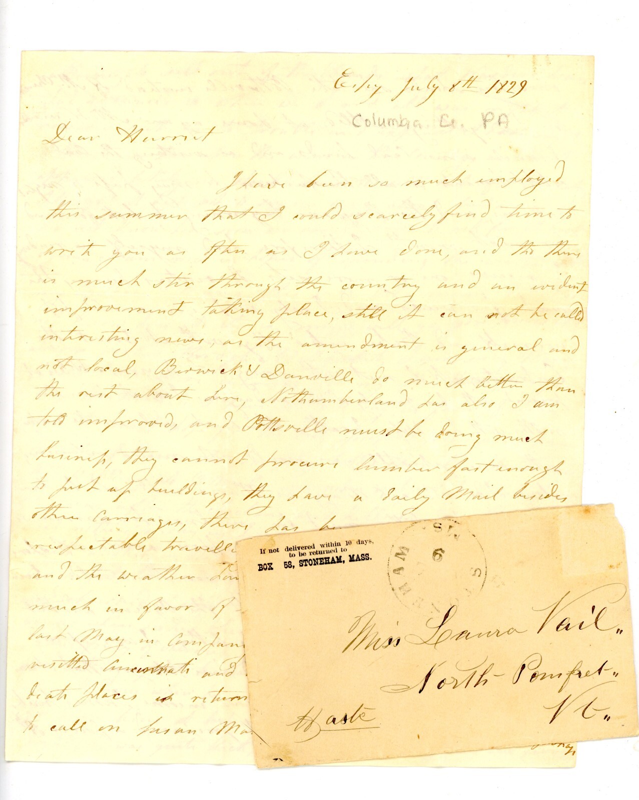 1829 Handwritten Letter Stoneham MA North Prophet VT Laura Vail Envelope Posted 1829 Handwritten Letter Stoneham MA North Prophet VT Laura Vail Envelope Posted