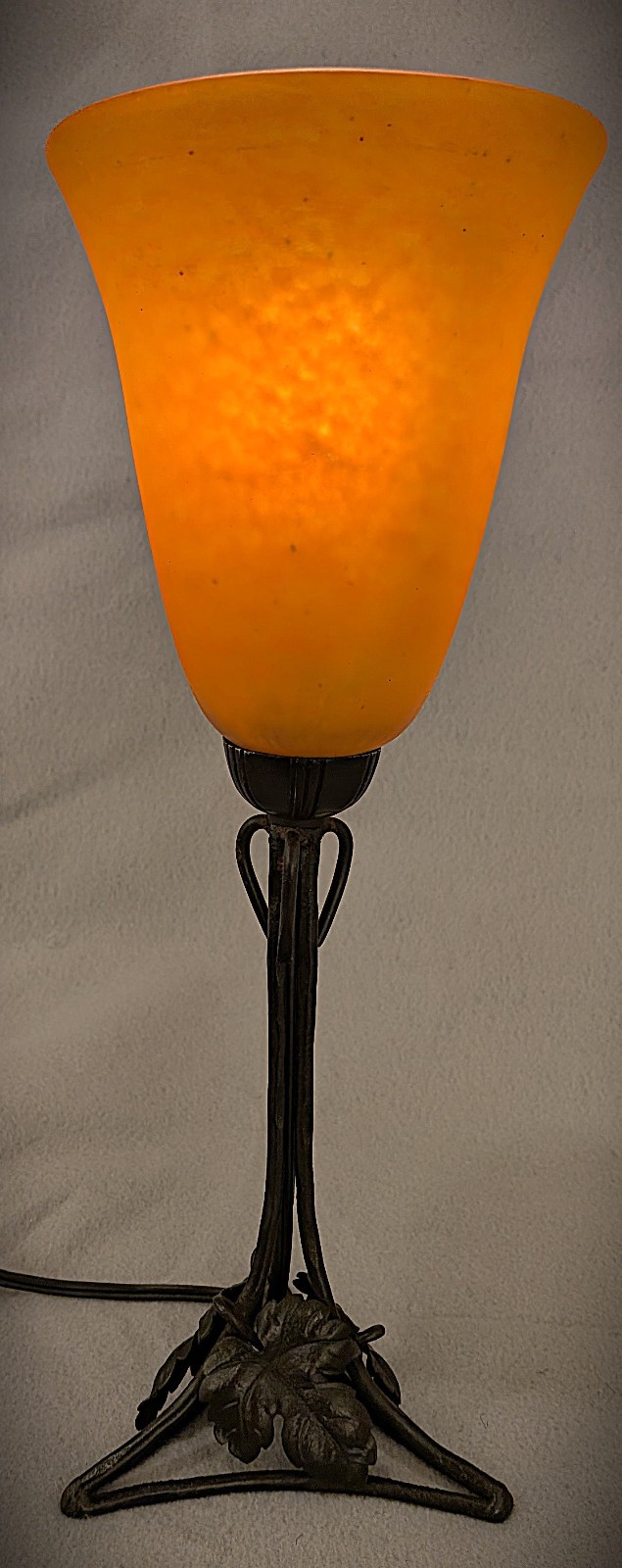 French Art Deco Wrought Iron Lamp With a Glass Shade Signed Daum Nancy