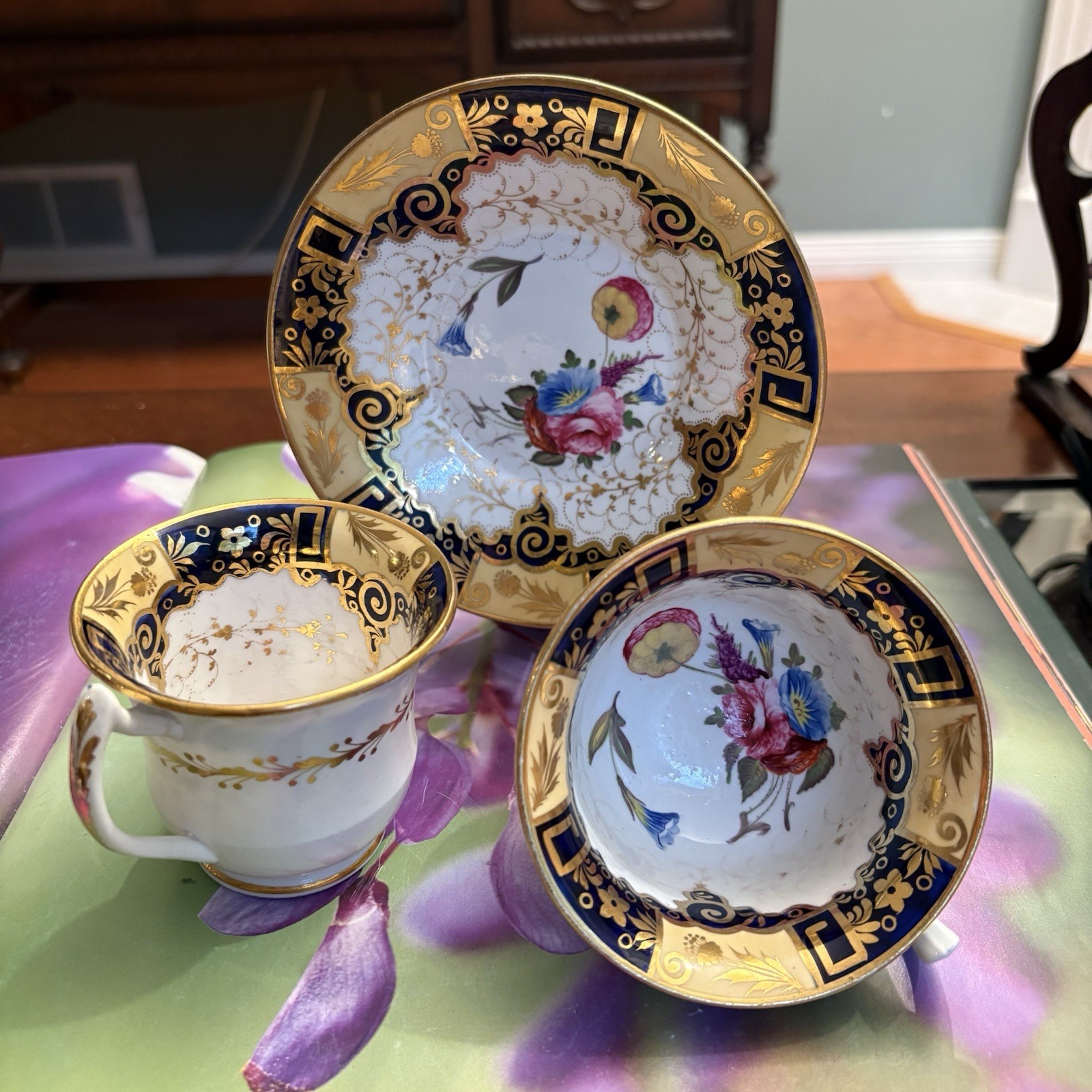 Antique (John Yates?) c1800s Tea & Coffee Cups & Saucer Trio Hand Painted Floral