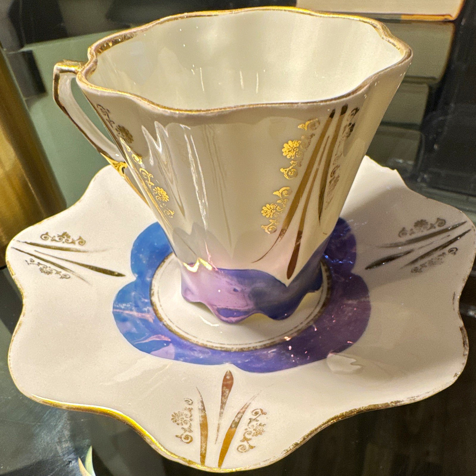Oscar Schaller & Co /Winterling Porcelain Floral Tea Cup & Saucr, White Blue Gld