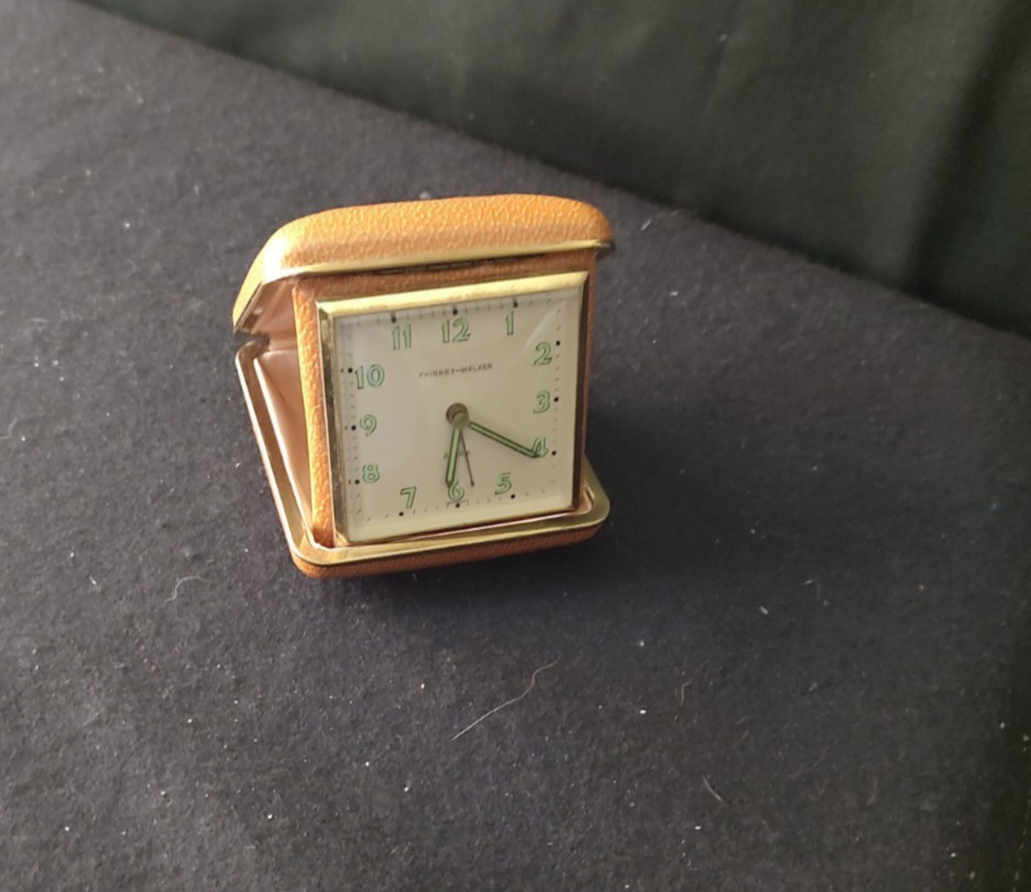VINTAGE PHINNEY WALKER TRAVELING ALARM CLOCK In Box Germany Winds and Ticks