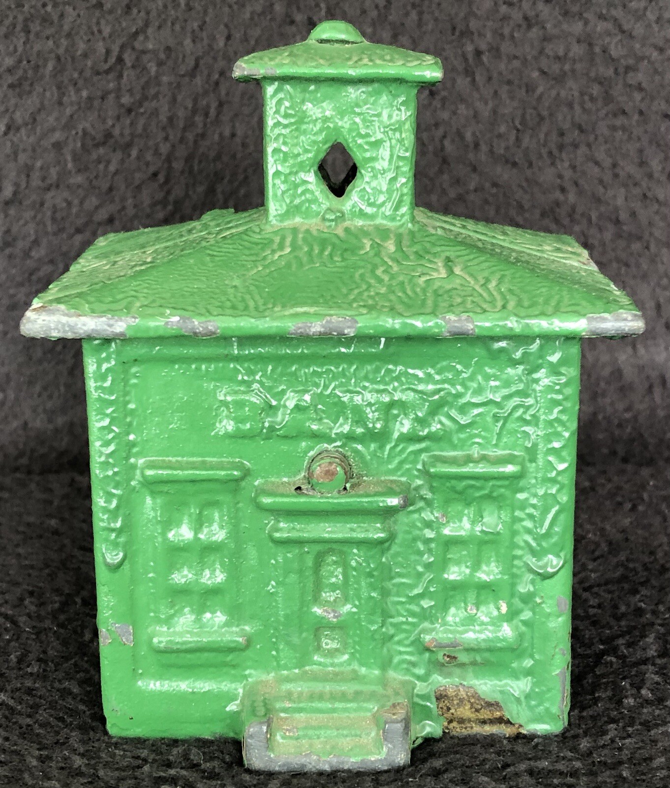 Antique Cast Iron Still Bank Building Cupola Ivy Leaf J & E Stevens Green Paint Antique Cast Iron Still Bank Building Cupola Ivy Leaf J & E Stevens Green Paint