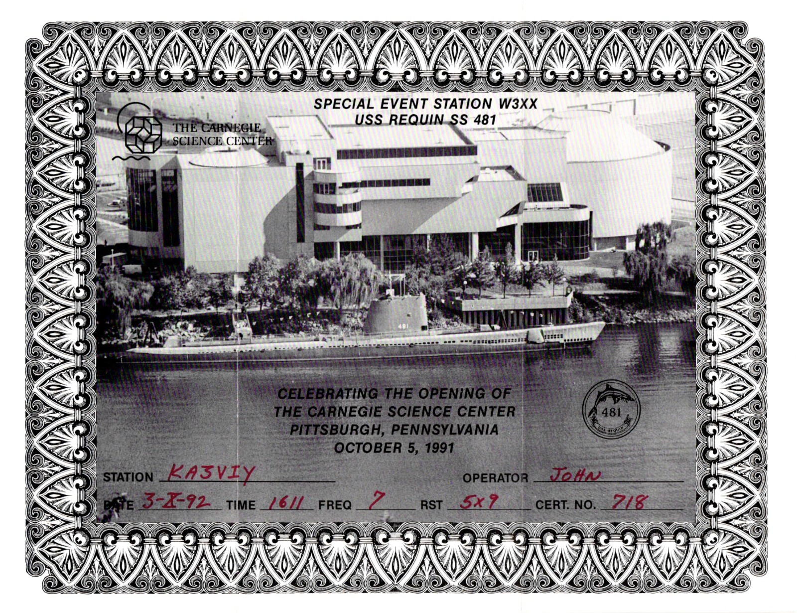 1991 The Carnegie Science Center Pittsburgh W3XX QSL Radio Certificate