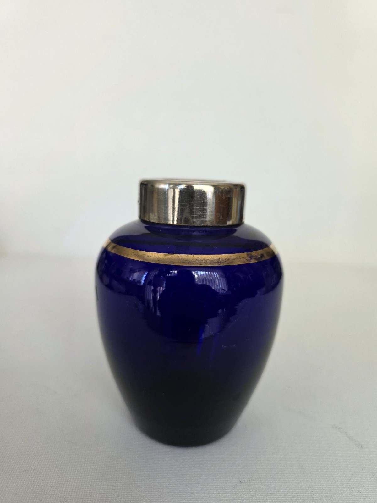 Vintage Cobalt Blue Glass Accent Jar with Gold Band