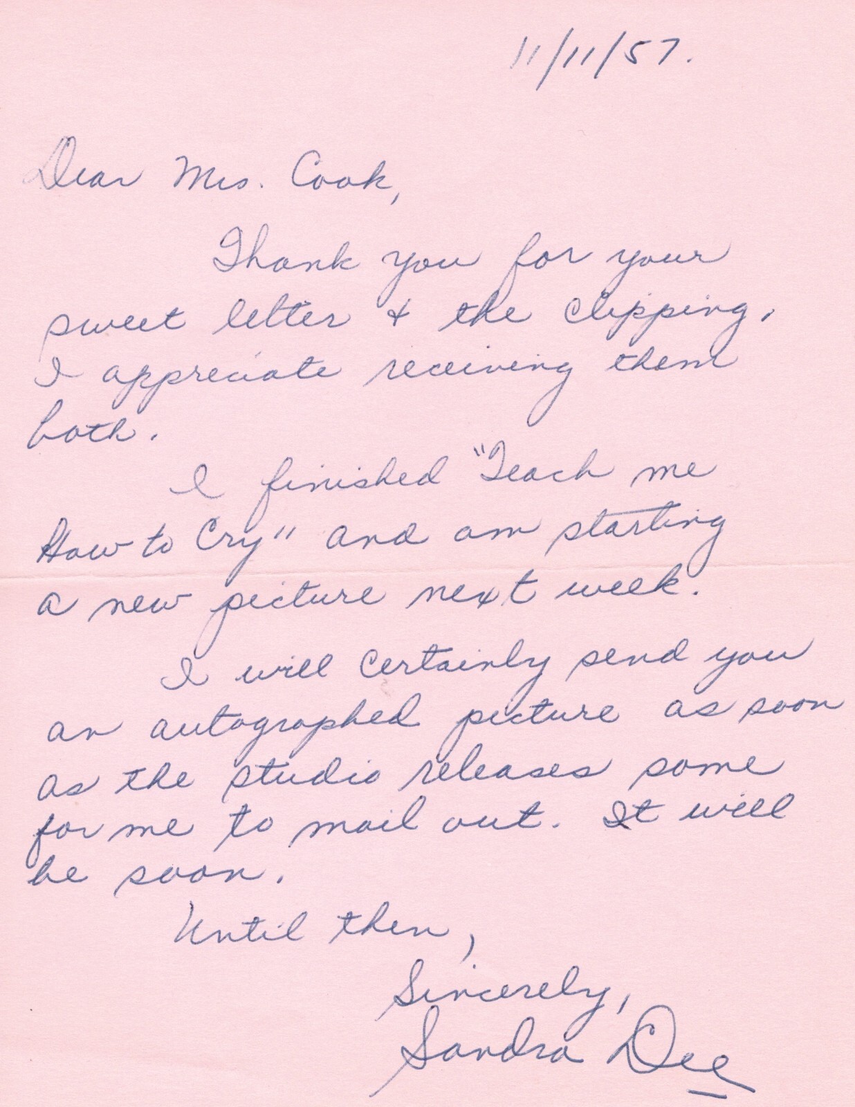 Sandra Dee. Gidget,  1957 autograph letter signed to fan when she was only 15