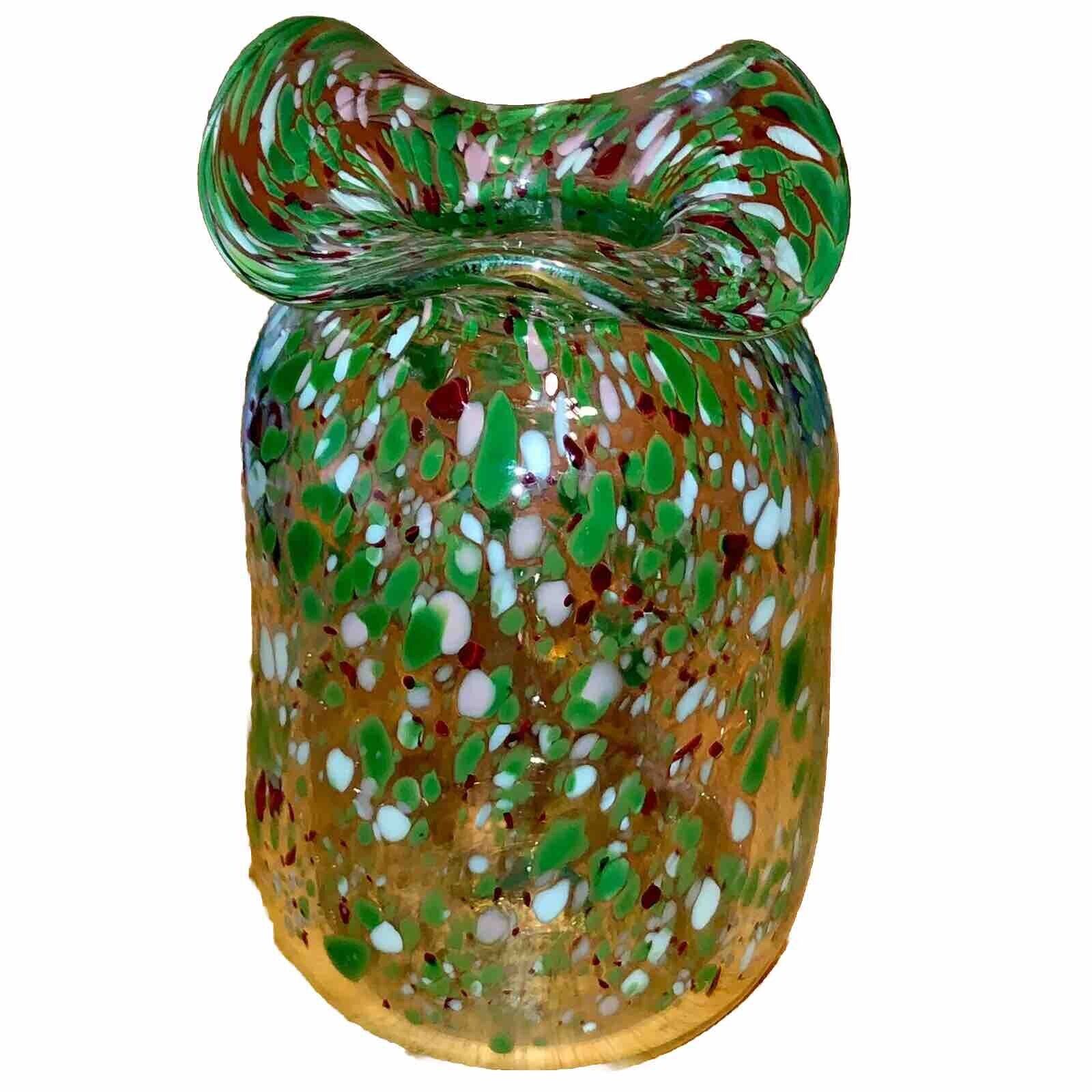 Signed Art Glass Confetti 7 “ Vase Green ￼ Nice