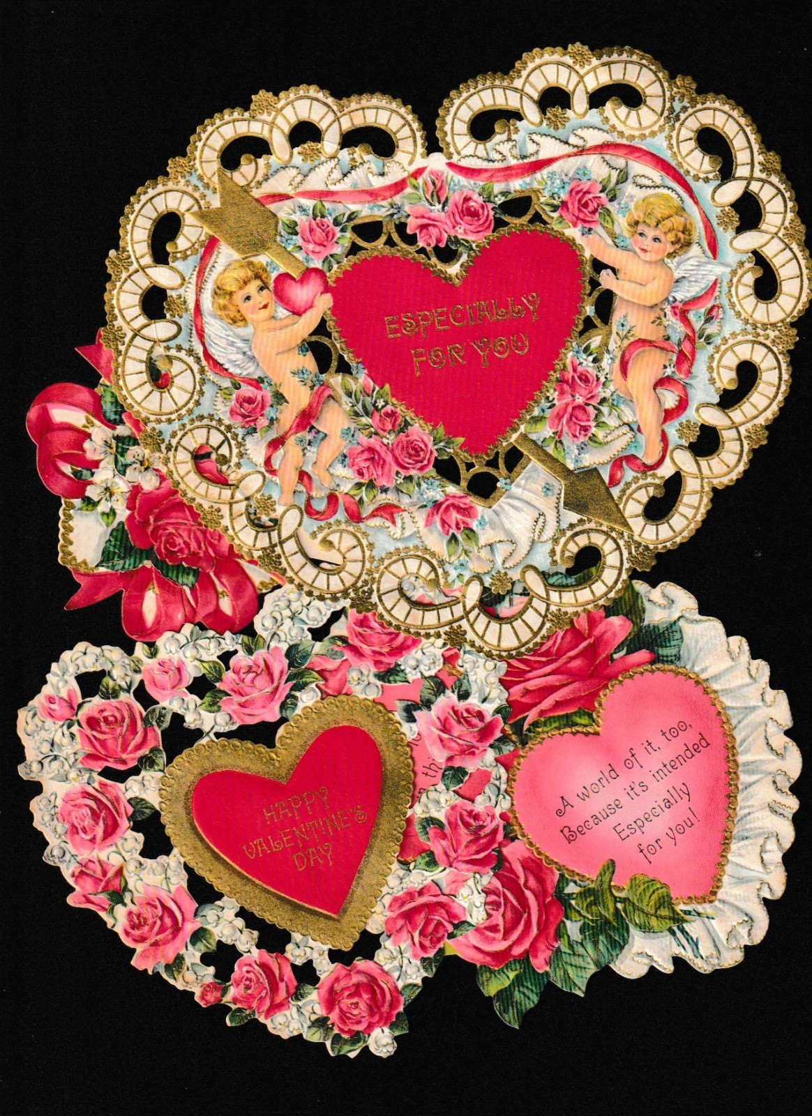 4 VTG Valentine\'s Day Hearts Lacey Die Cut Hallmark Cherubs Cupid 3\
