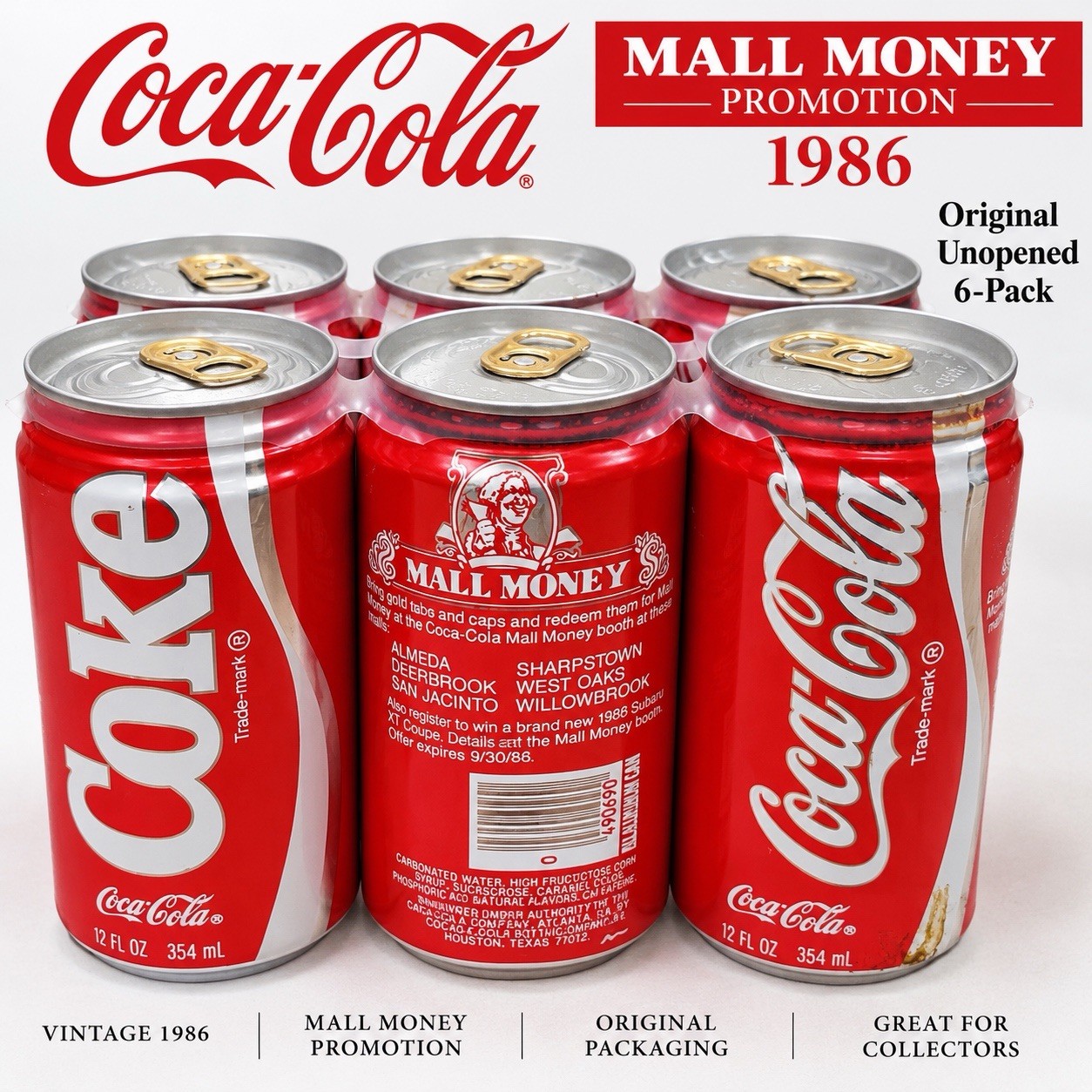 Vintage 1986 Coca-Cola Mall Money Unopened 6 Pack Full Cans Original Carrier