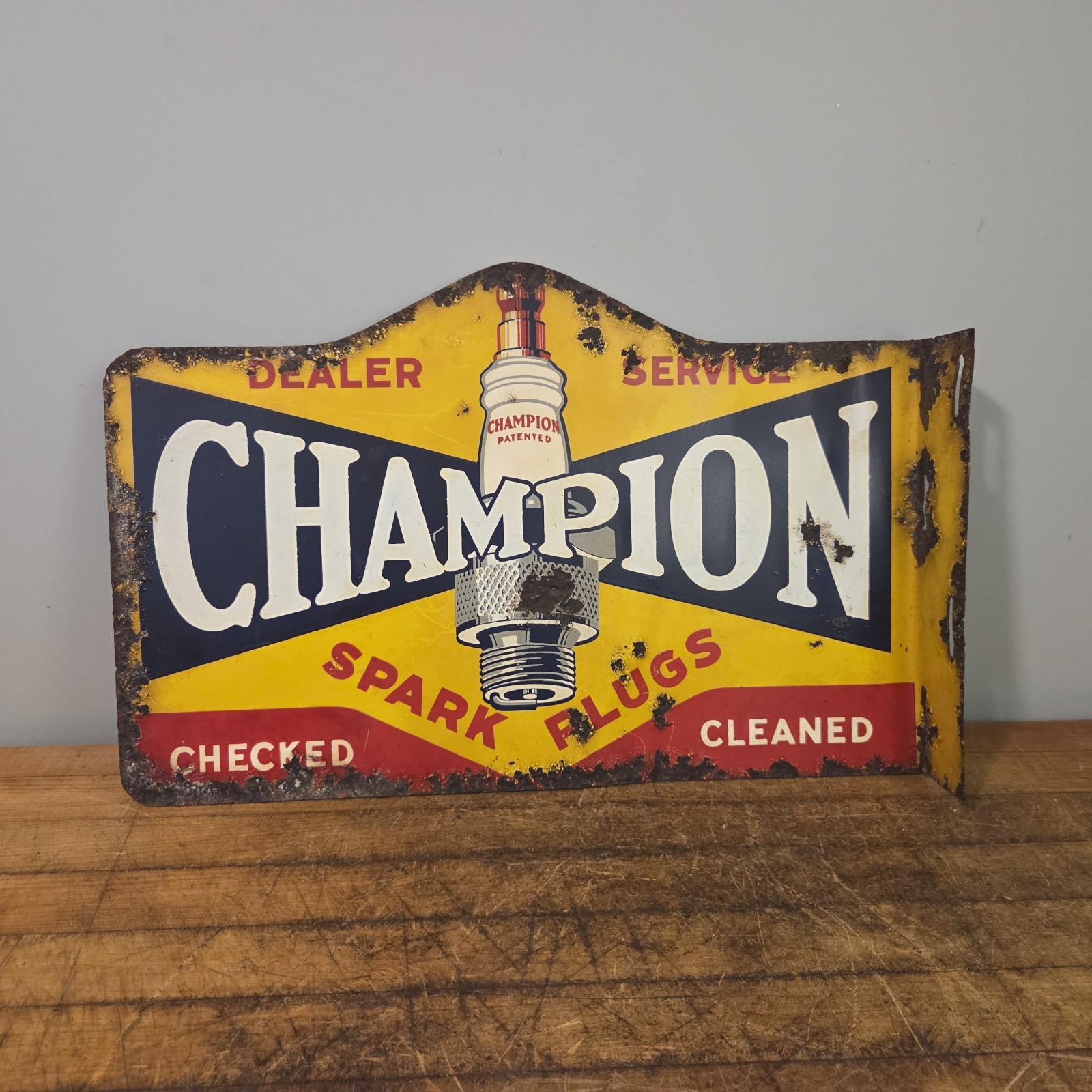 SCARCE 1940s CHAMPION SPARK PLUG DEALER SERVICE FLANGE SIGN METAL 18