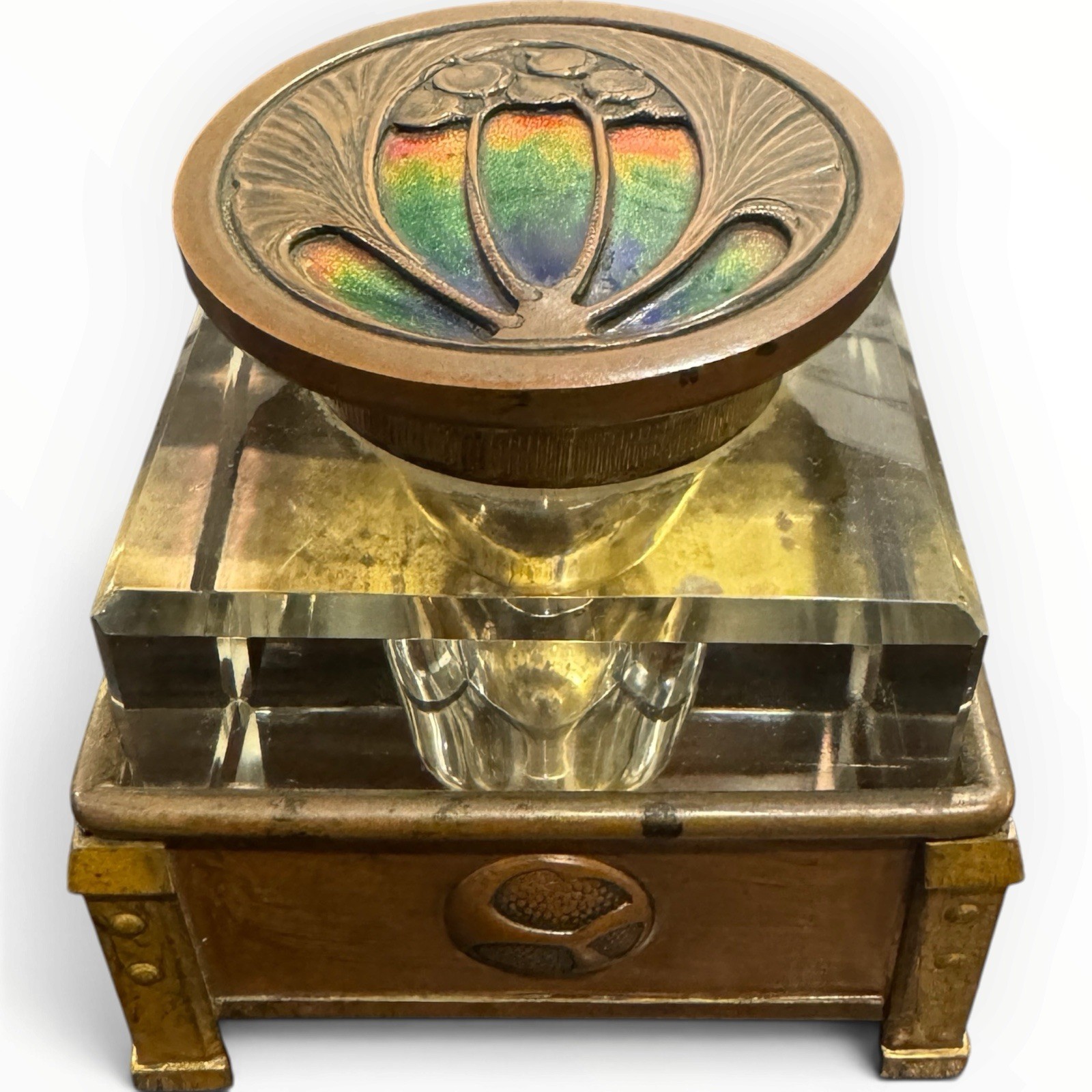 Unusual Antique Arts & Crafts Copper & Enamel Inkwell w/ Glass Insert Unusual Antique Arts & Crafts Copper & Enamel Inkwell w/ Glass Insert