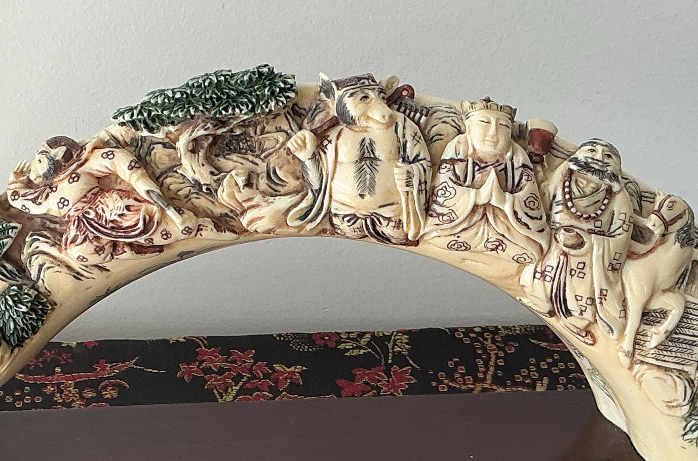 Carved ancient story Monkey King Figurine Ivory-Tone bridge on base n box signed Carved ancient story Monkey King Figurine Ivory-Tone bridge on base n box signed