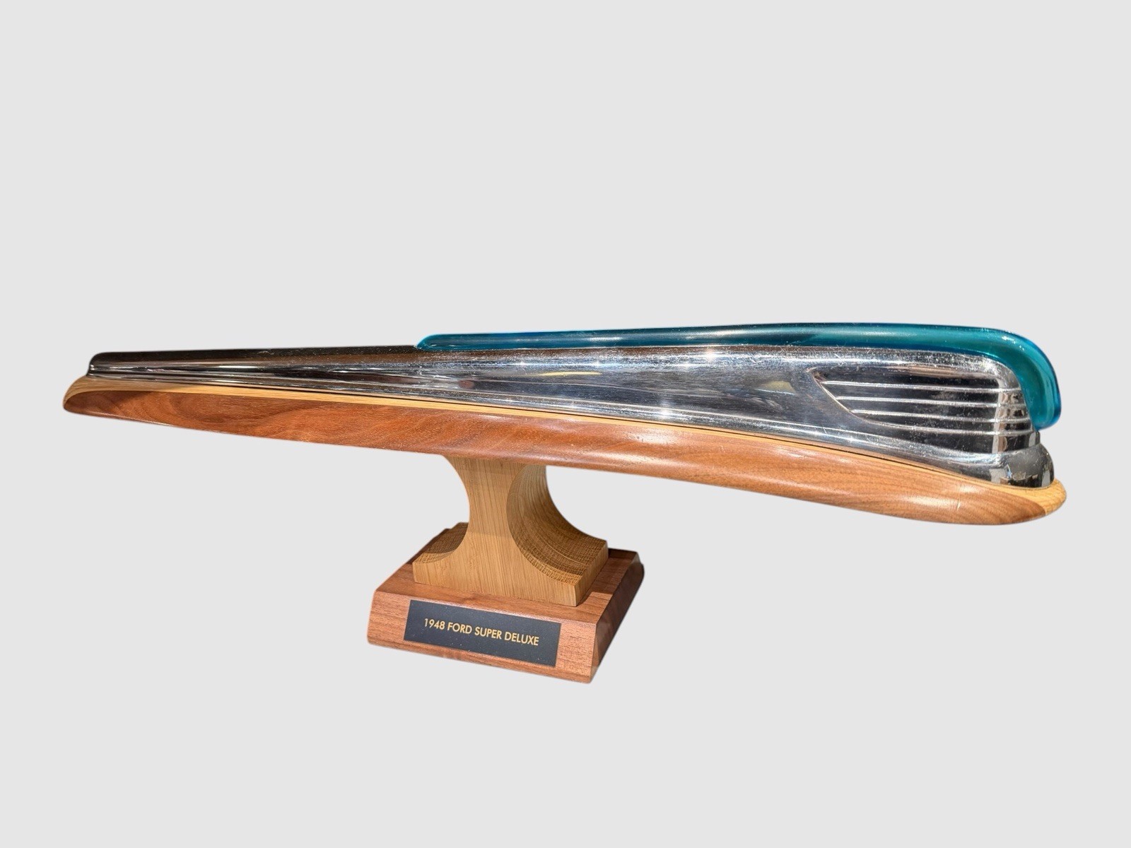 1948 Ford Super Deluxe Original Hood Ornament Blue Lucite Custom Wood Display