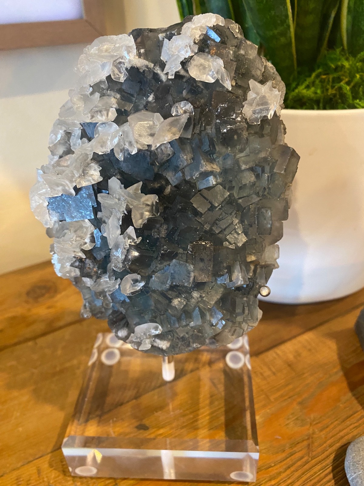 Large Blue-Green Fluorite with Calcite Crystal Specimen on Acrylic Stand 696g
