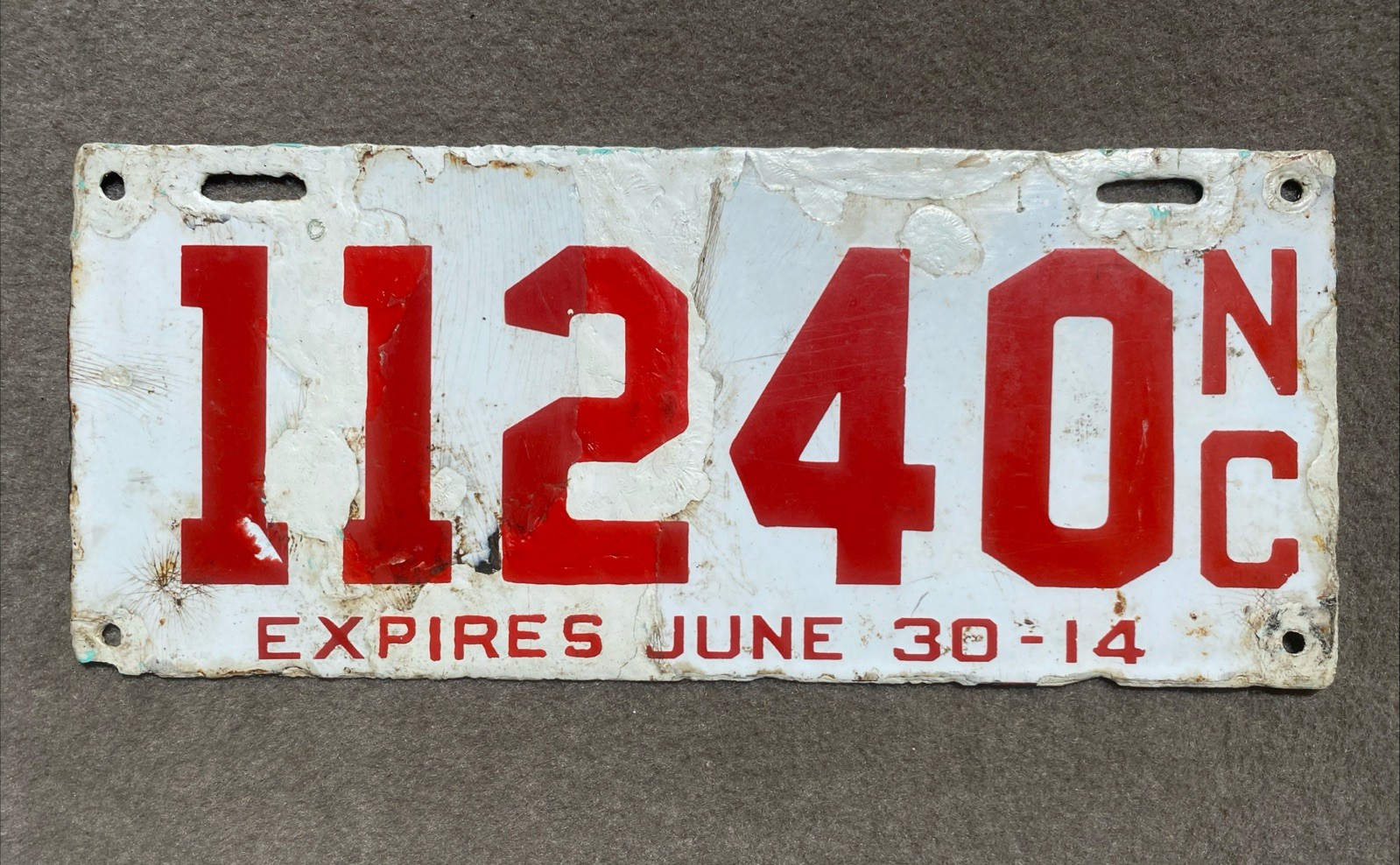 1914 North Carolina license plate, porcelain w/repairs