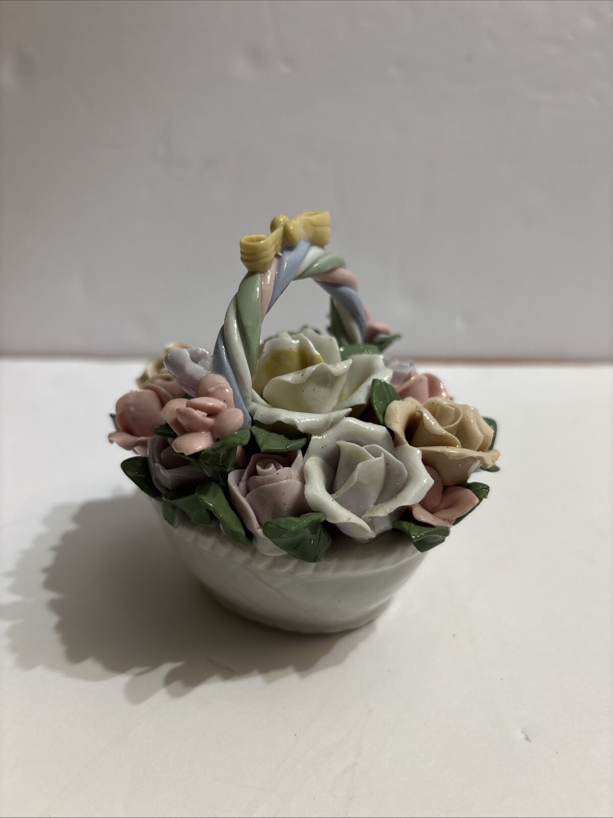 Vintage Porcelain Ceramic Mini Floral Rose Basket Yellow Bow 4” Capodimonte