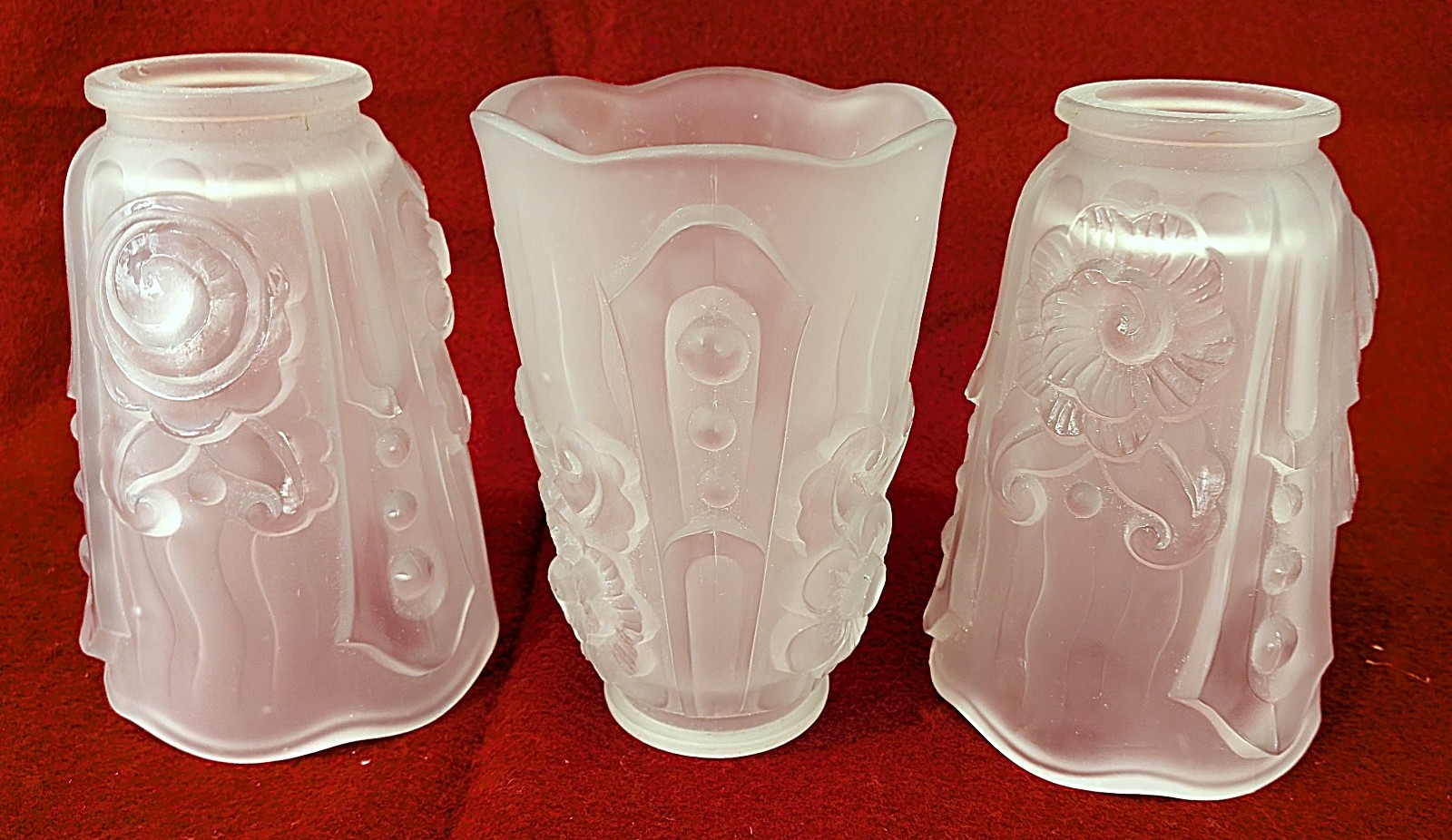 3 Rare Vintage French Art Deco Sabino Style Floral Molded Frosted Glass Shades
