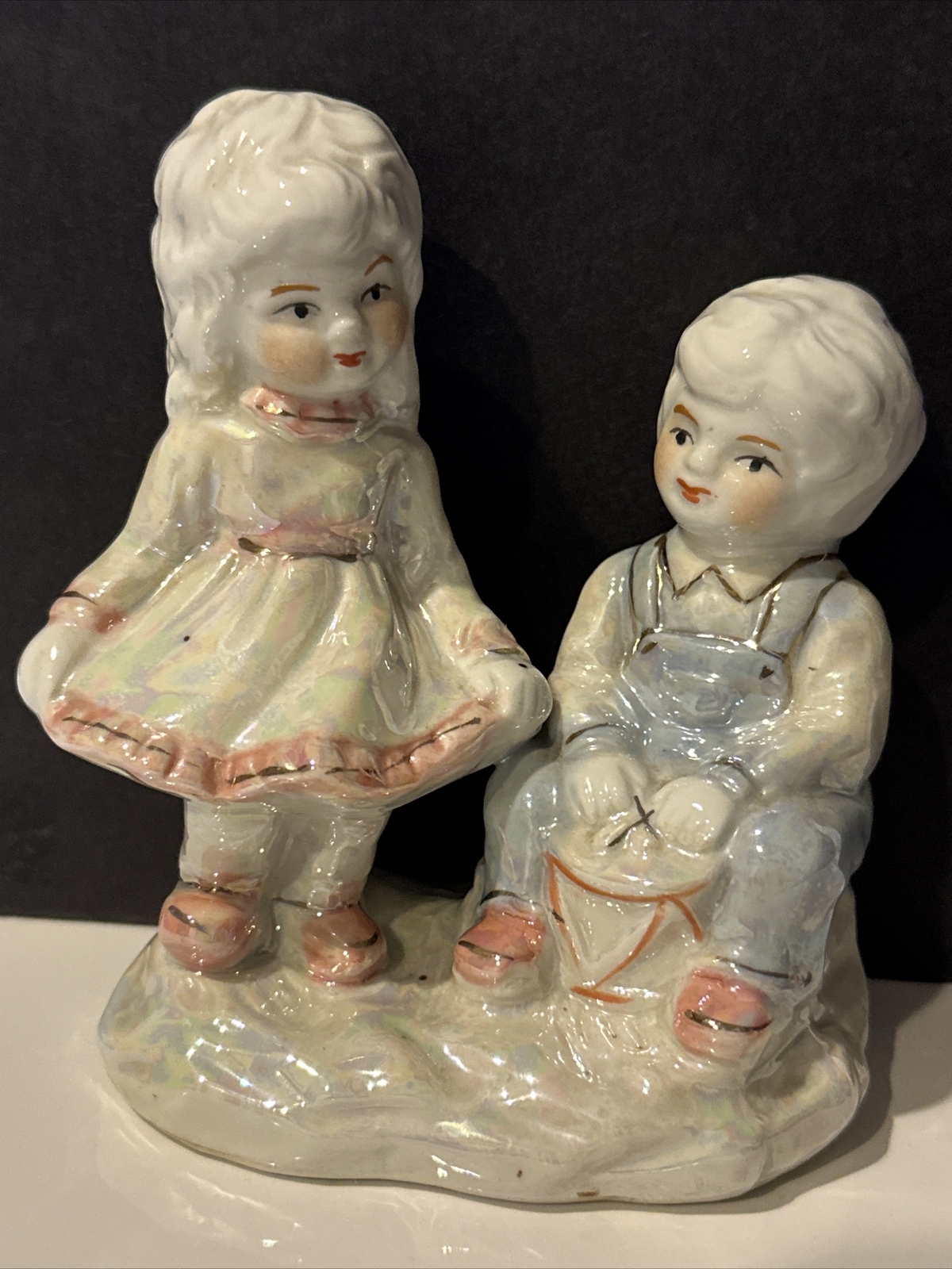 Lusterware Boy Girl Figurine Porcelain Iridescent White Pink Blue wTrim 4.75 VTG Lusterware Boy Girl Figurine Porcelain Iridescent White Pink Blue wTrim 4.75 VTG