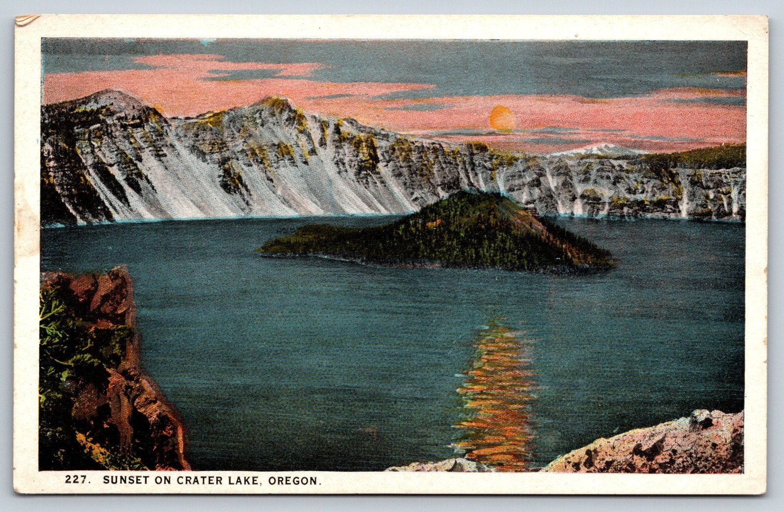 Vintage Postcard Sunset On Crater Lake Oregon