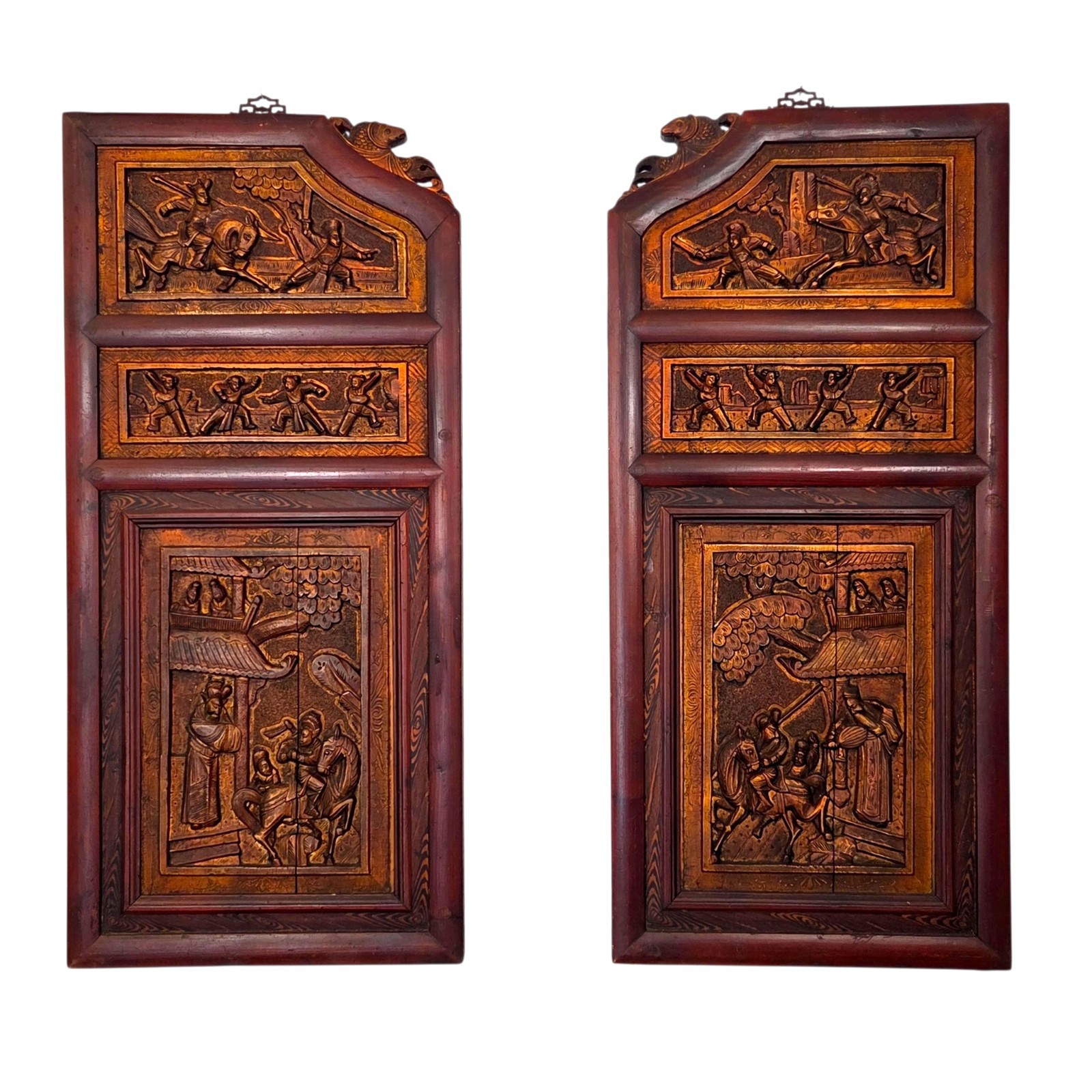 Pair Antique Chinese Carved Hardwood Architectural Panels Figural Relief 33\