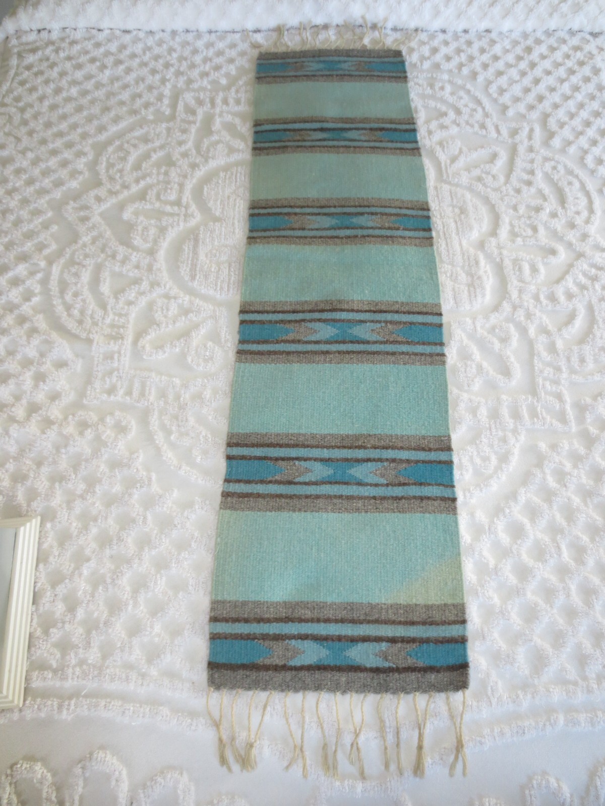 Vtg. SOUTHWEST TURQUOISE/GRAY Hand Woven/Breyer WOOL Fringed RUNNER - 13