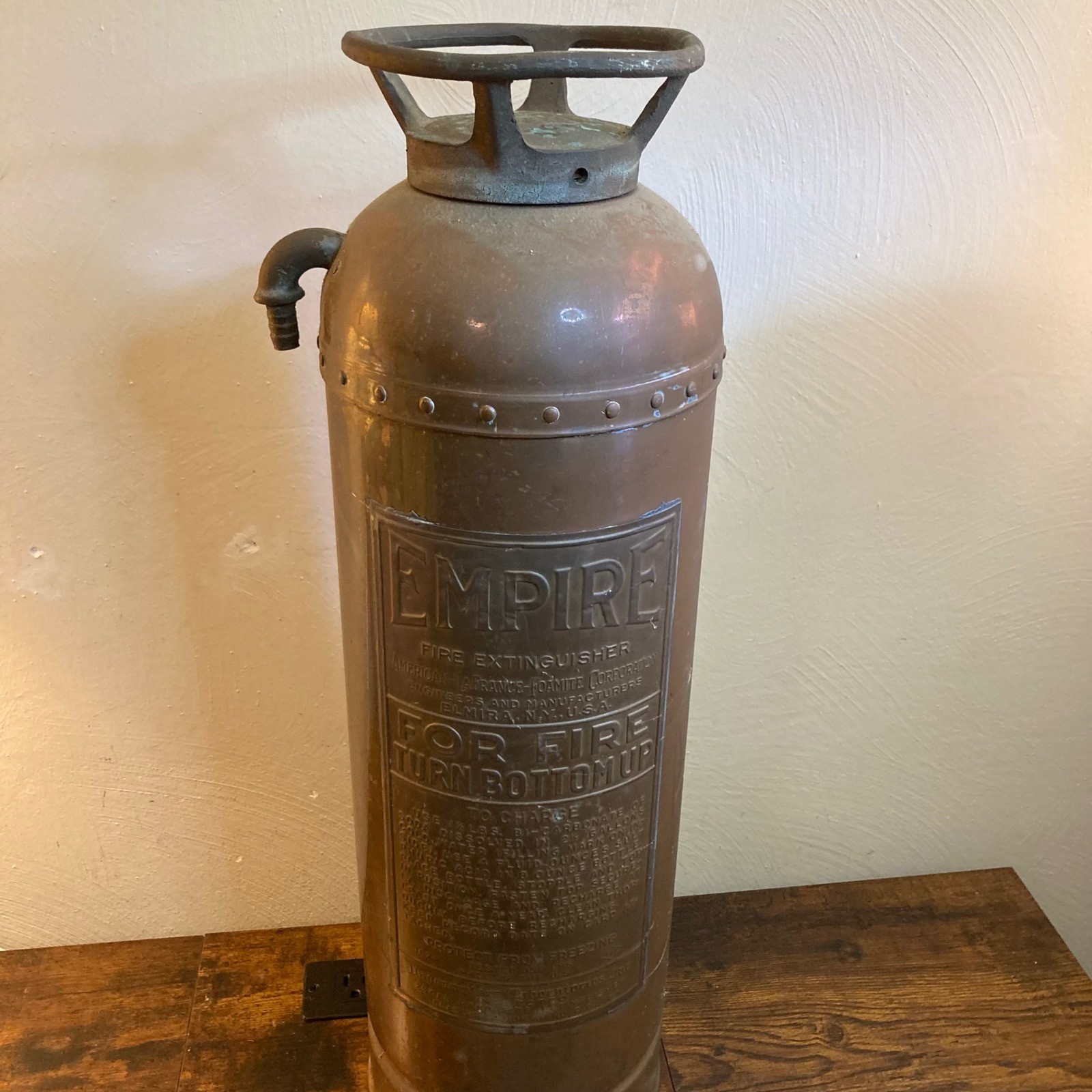 Vintage Empire Copper Fire Extinguisher American LaFrance Foamite Elmira NY 23in