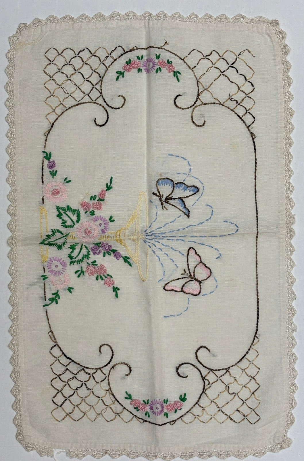 VTG Embroidered  Dresser Scarfs,Delicate Embroided & Crochet Butterflys &Flowers