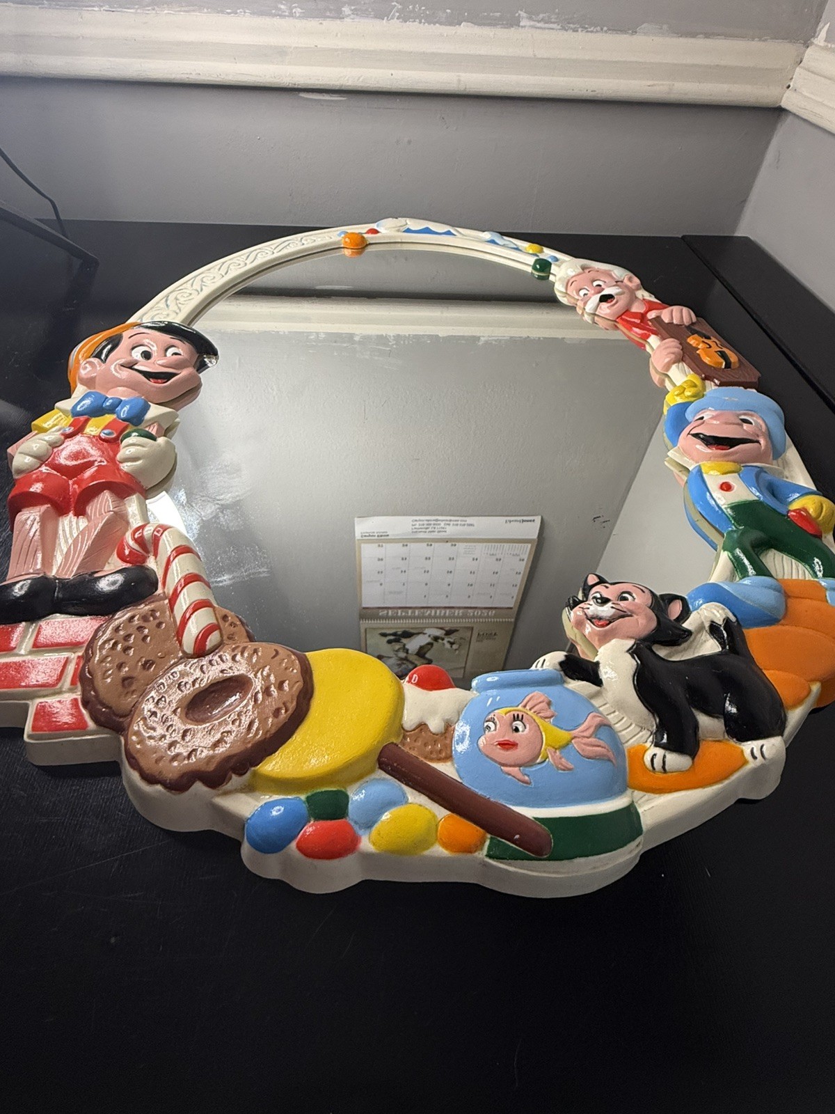 Vintage Walt Disney Pinocchio Mirror Jiminy Cricket Geppetto Figaro Cleo 20 x 17